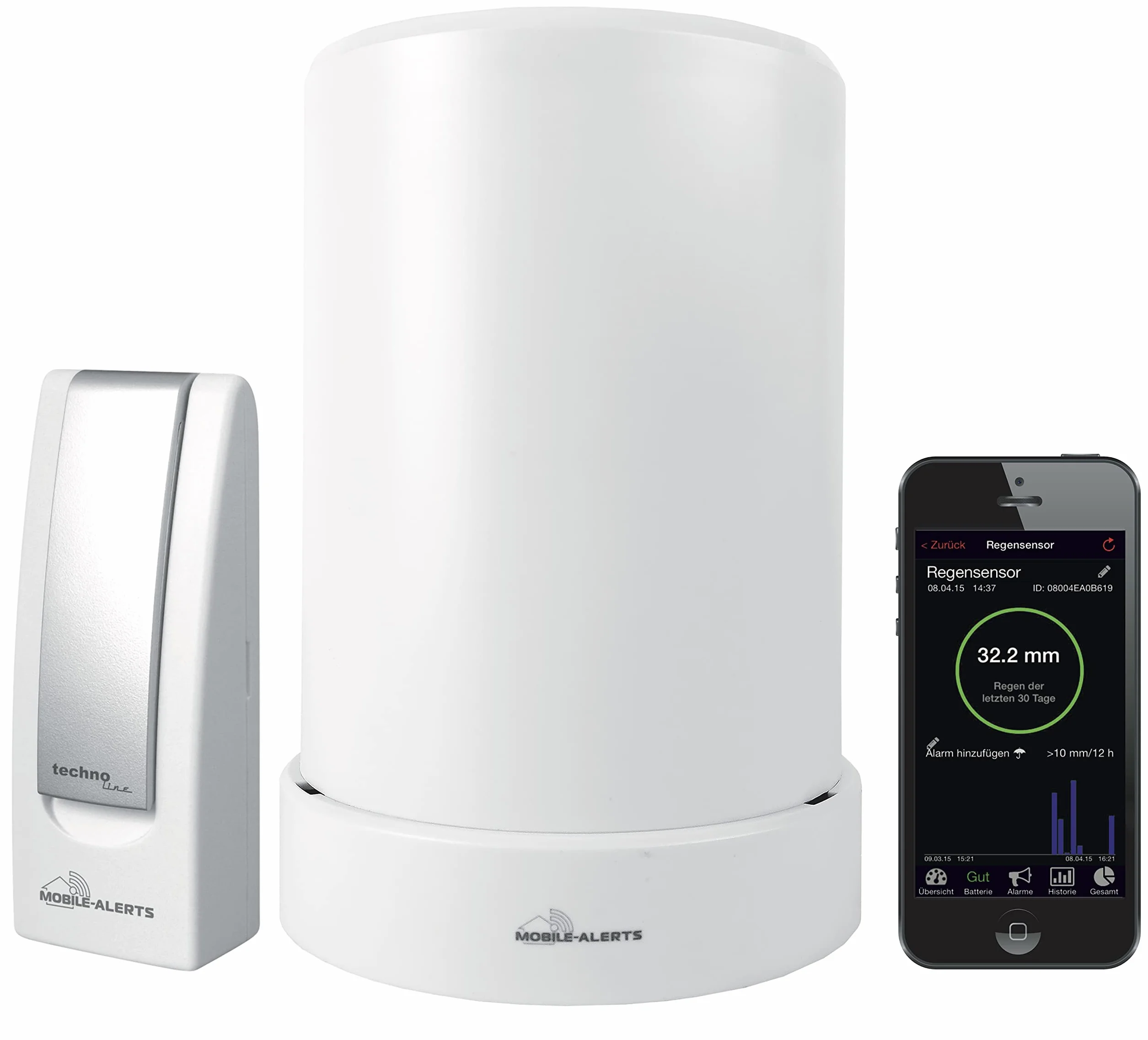 techno line MA 10040 Regenmesser Komplett-Set, Gateway und Funk-Rain Sensor mit kostenloser App für das Smartphone, weiß
