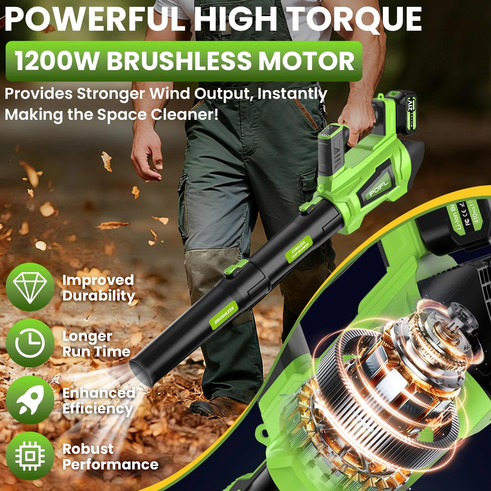 Souffleur Batterie, 32000RPM Souffleur de Feuille sans Fil,735 CFM 245 Km/h | Souffleur Feuille avec 6 Vitesses, 2 x 4000MAh Batteries & 1 x Sangle pour La jardin, La pelouse, La voiture et La neige