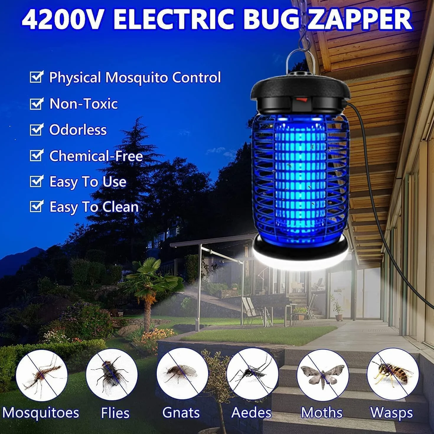 seenlast Lampe Anti Moustique 15W 4200V UV Tueur d'Insectes Électrique Étanche 140m² Intérieur Extérieur