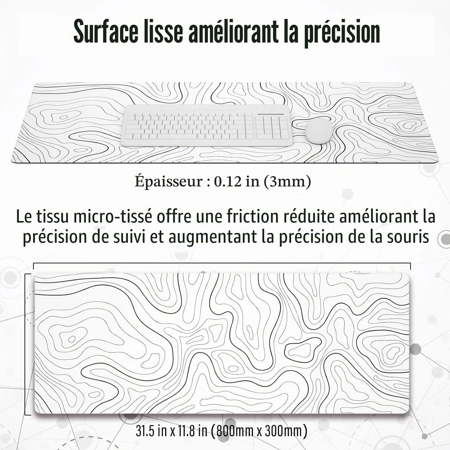 Grand Tapis de Souris de Jeu Cartes Topographiques Bords Cousus Sous-Couche Antidérapante Blanc 80x30