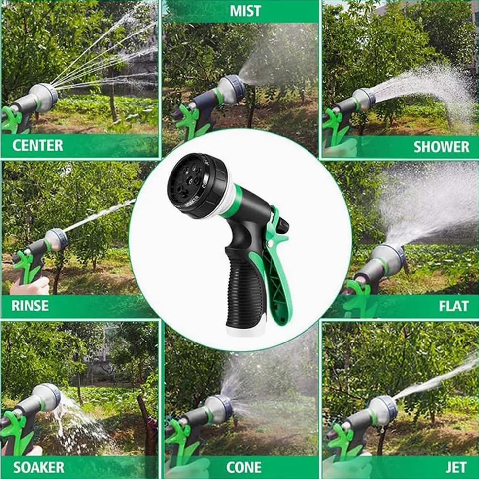 Tuyau d'arrosage extensible avec tissu extra résistant, buse de pulvérisation, étanche et léger pour arroser et laver (vert, 60 m)