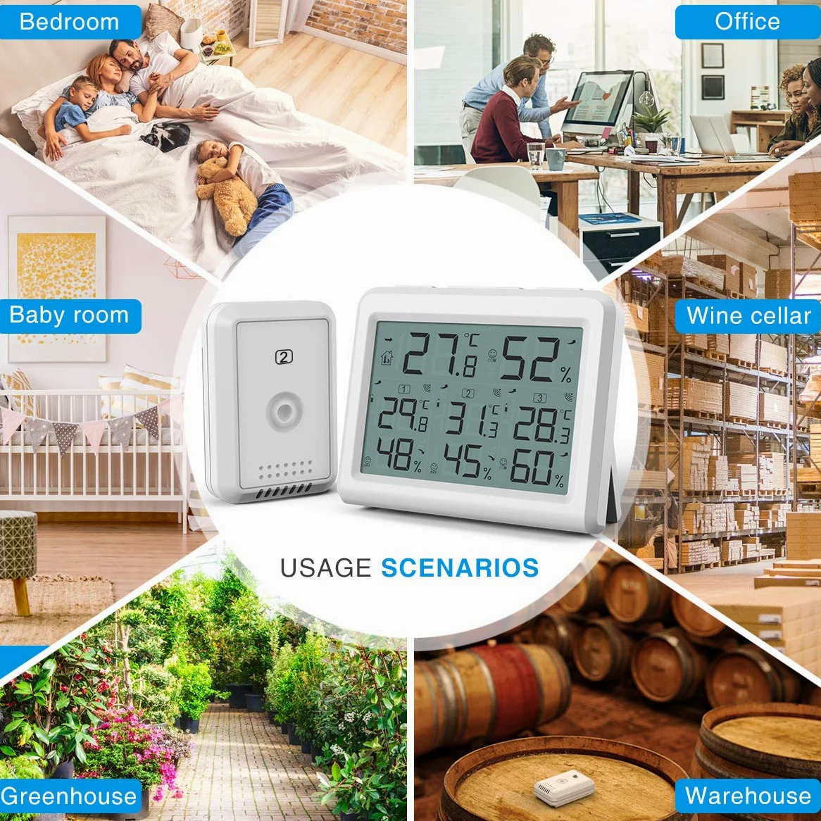 Indoor Outdoor Thermometer, Temperature Humidity Monitor with 3 Wireless Sensors, Humidity Gauge with LCD Backlight, Room Thermometer Hygrometer for Home