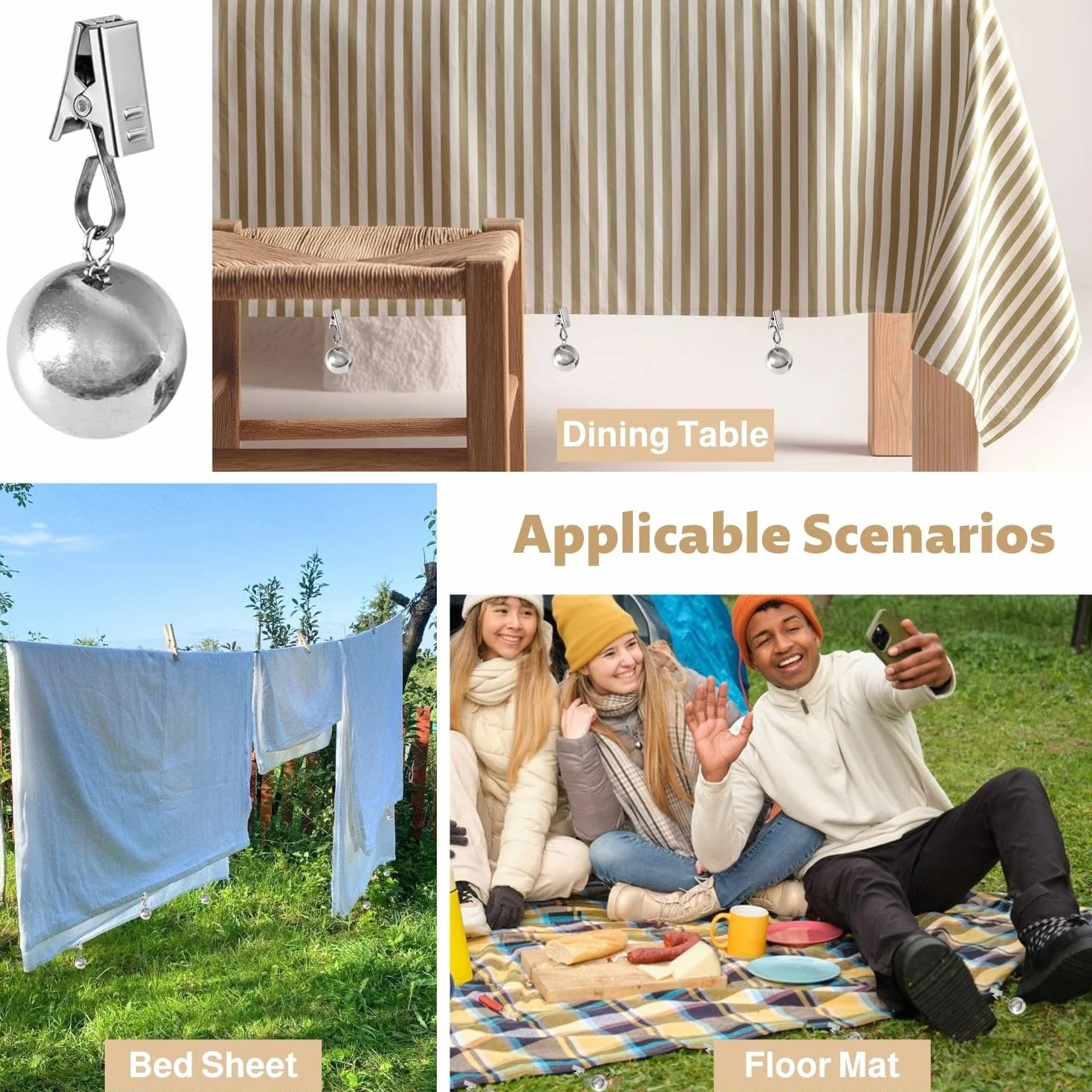 Poids de nappe de table lot de 6 pièces, boules en acier inoxydable avec clip, stables et extra lourdes