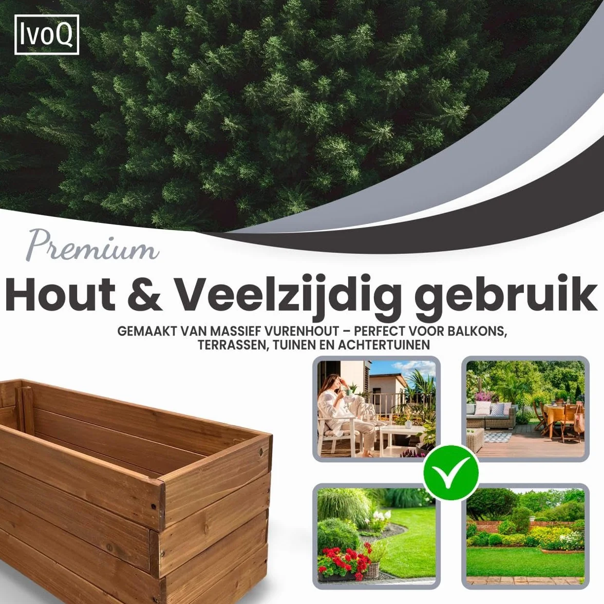 Jardinière en bois 80 x 40 x 32 cm – Bois d'épinette massif FSC – Résistante aux intempéries avec drainage et sac non tissé