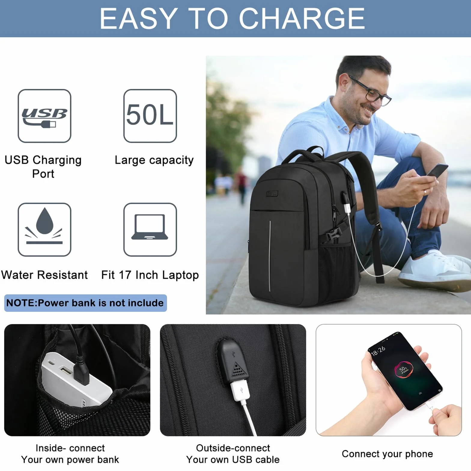Sac à Dos Ordinateur Portable 17.3 Pouces 50L Antivol Imperméable USB Voyage Homme Femme Noir