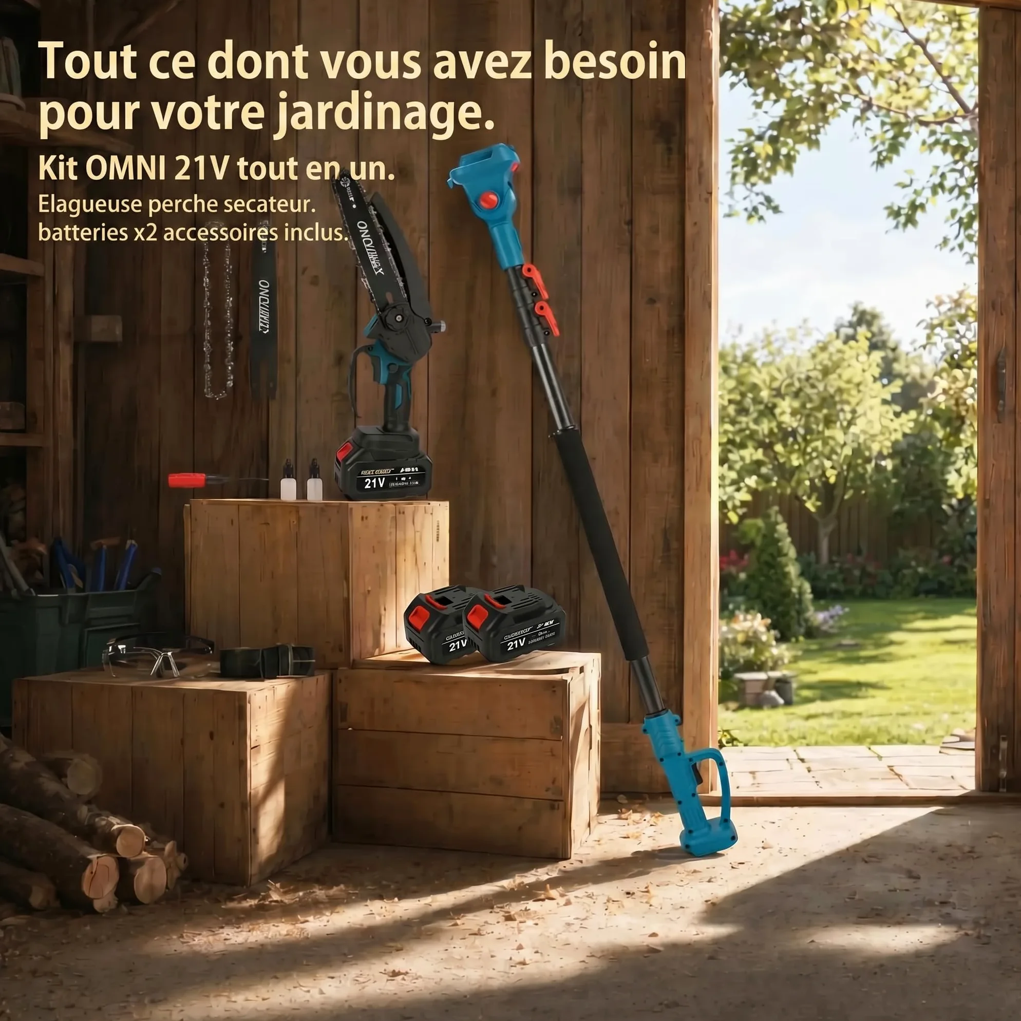Tronçonneuse élagueuse 2-en-1 8 pouces moteur brushless 21V, perche télescopique, 2 batteries 4,0 Ah, verrouillage sécurité outil d'élagage arbres fruitiers jardin