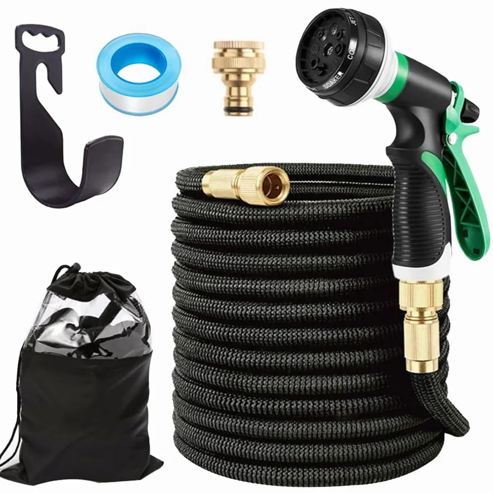 Tuyau d'arrosage extensible avec tissu extra résistant, buse de pulvérisation, étanche et léger pour arroser et laver (vert, 60 m)