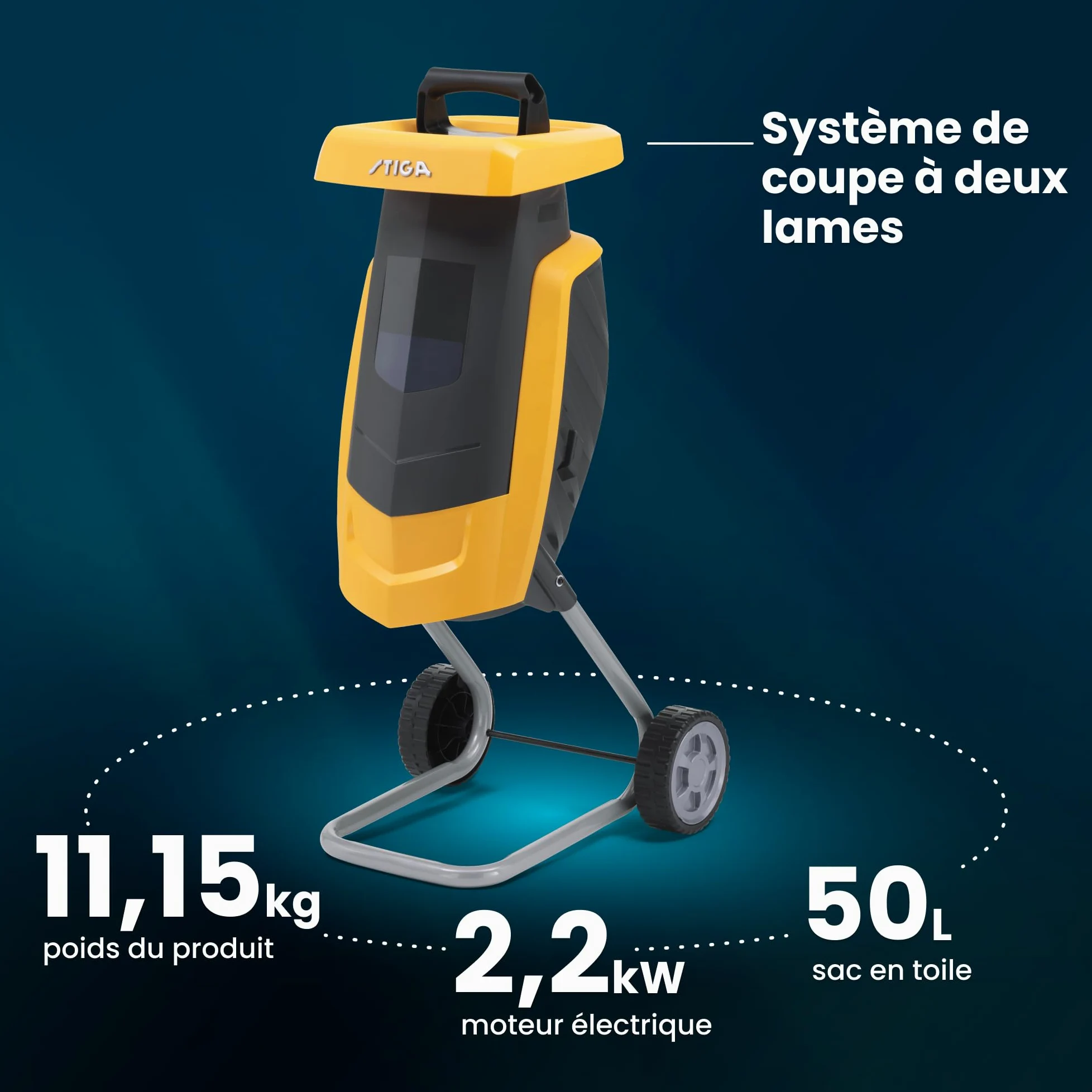 STIGA Bio Master 2200 Broyeur Électrique, 2 200 W, Sac 50 L – Disque 2 Lames Réversibles, Poussoir Inclus – pour Déchets De Jardin