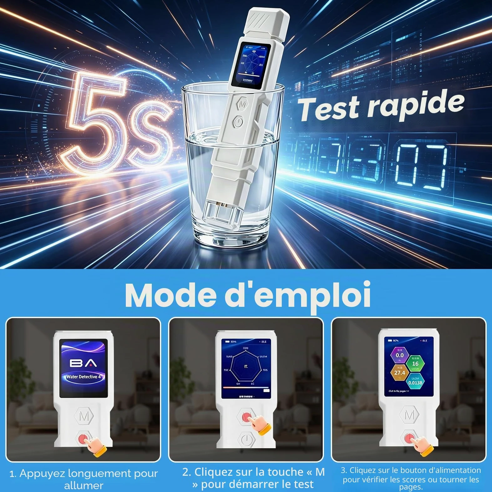 Testeur de qualité de l'eau numérique 9 en 1 pour eau potable | Mesure TDS, turbidité, CE, température, salinité, GH, COT, DCO et UV275