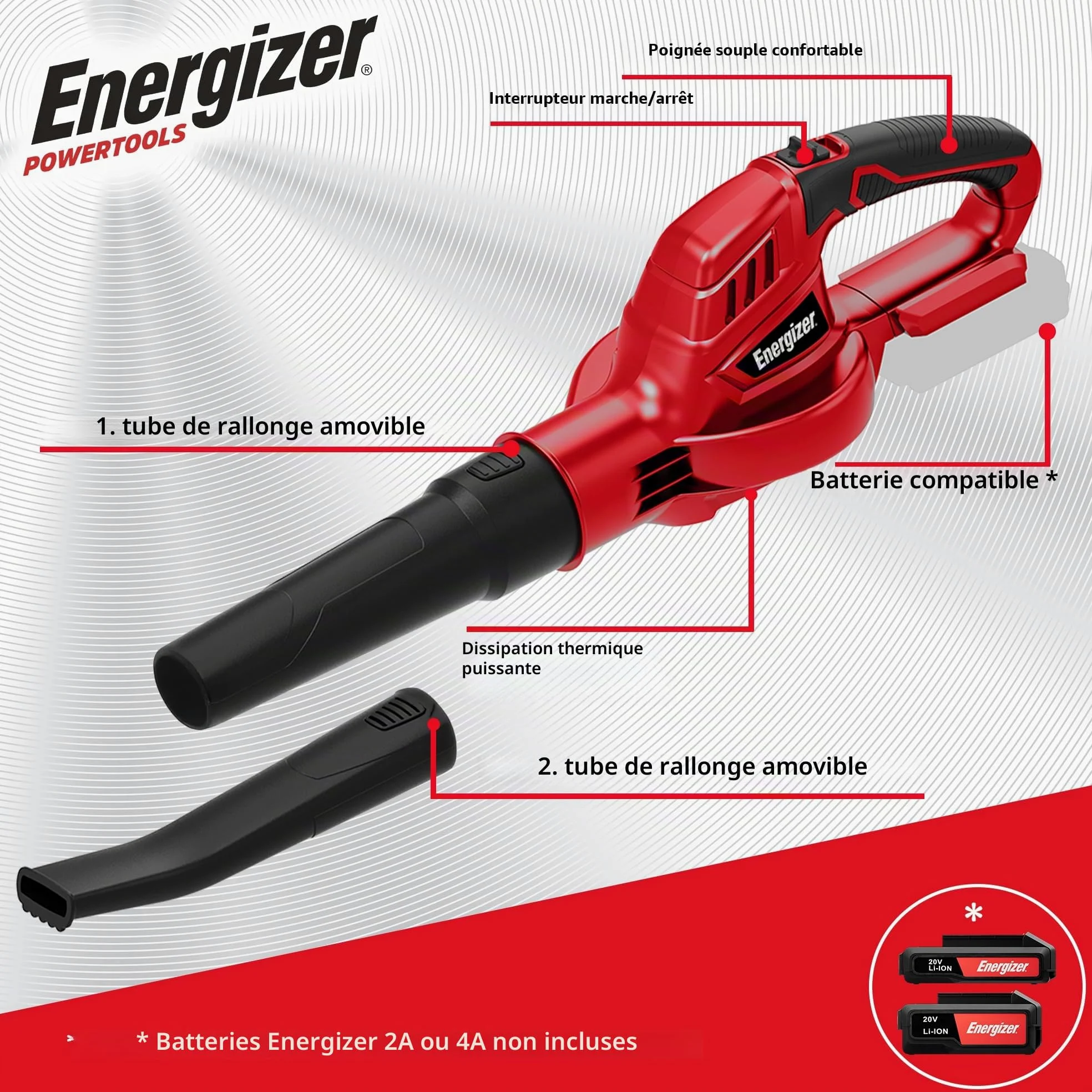 Energizer - Souffleur de Feuilles sans Fil 20V Batterie (Incluses) - Moteur 13000RPM - Puissance de Soufflage 210km/h - Léger 1,2 kg - Ergonomique & Performant - Feuilles, débris, poussière, etc