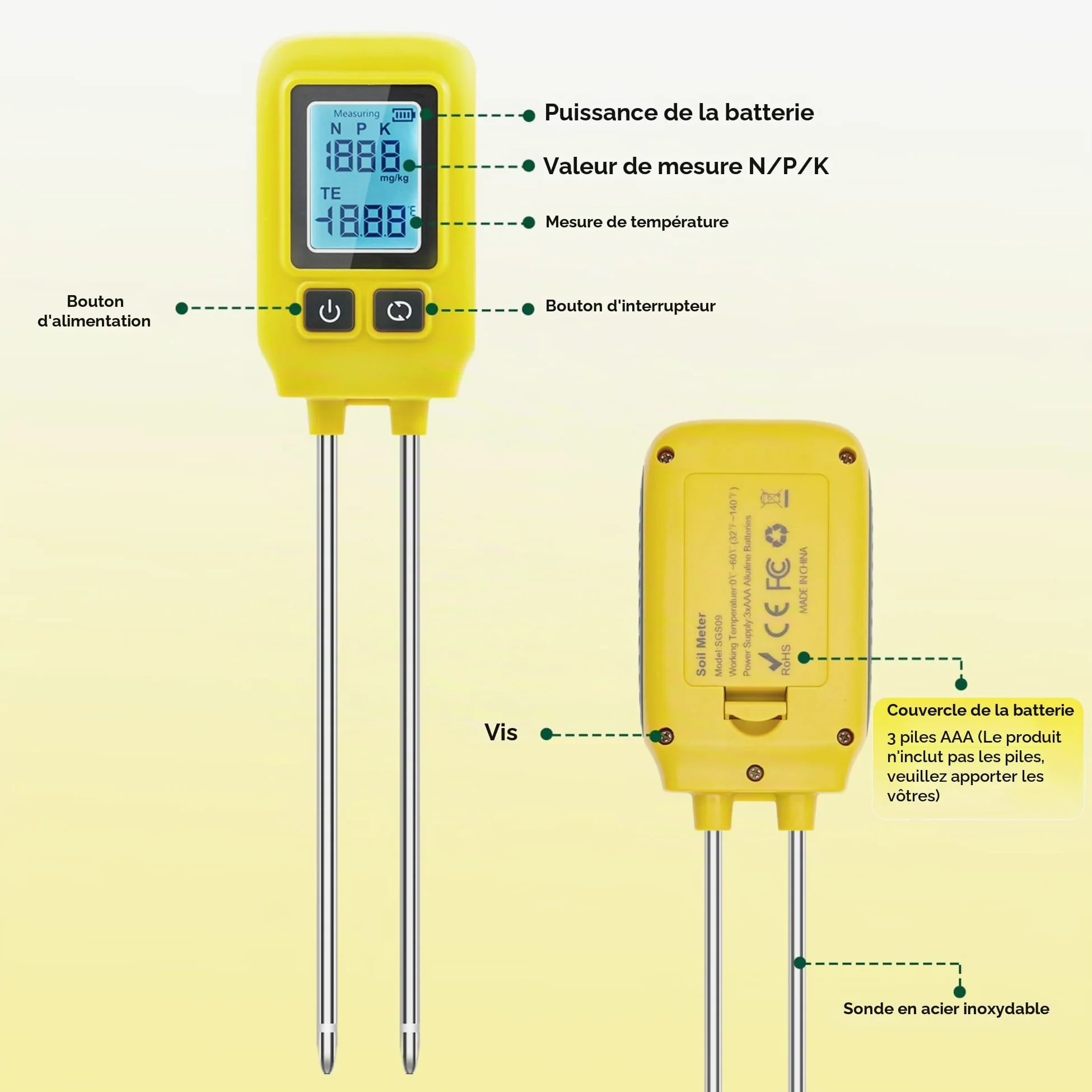 Mcbazel Professional Soil Meter, Instrument de Mesure du Sol 4 en 1,Détecteur d'Éléments Traces P/N/K, Détection de la Santé des Plantes Vertes pour Le Nitrogène/Phosphore/Potassium/Température