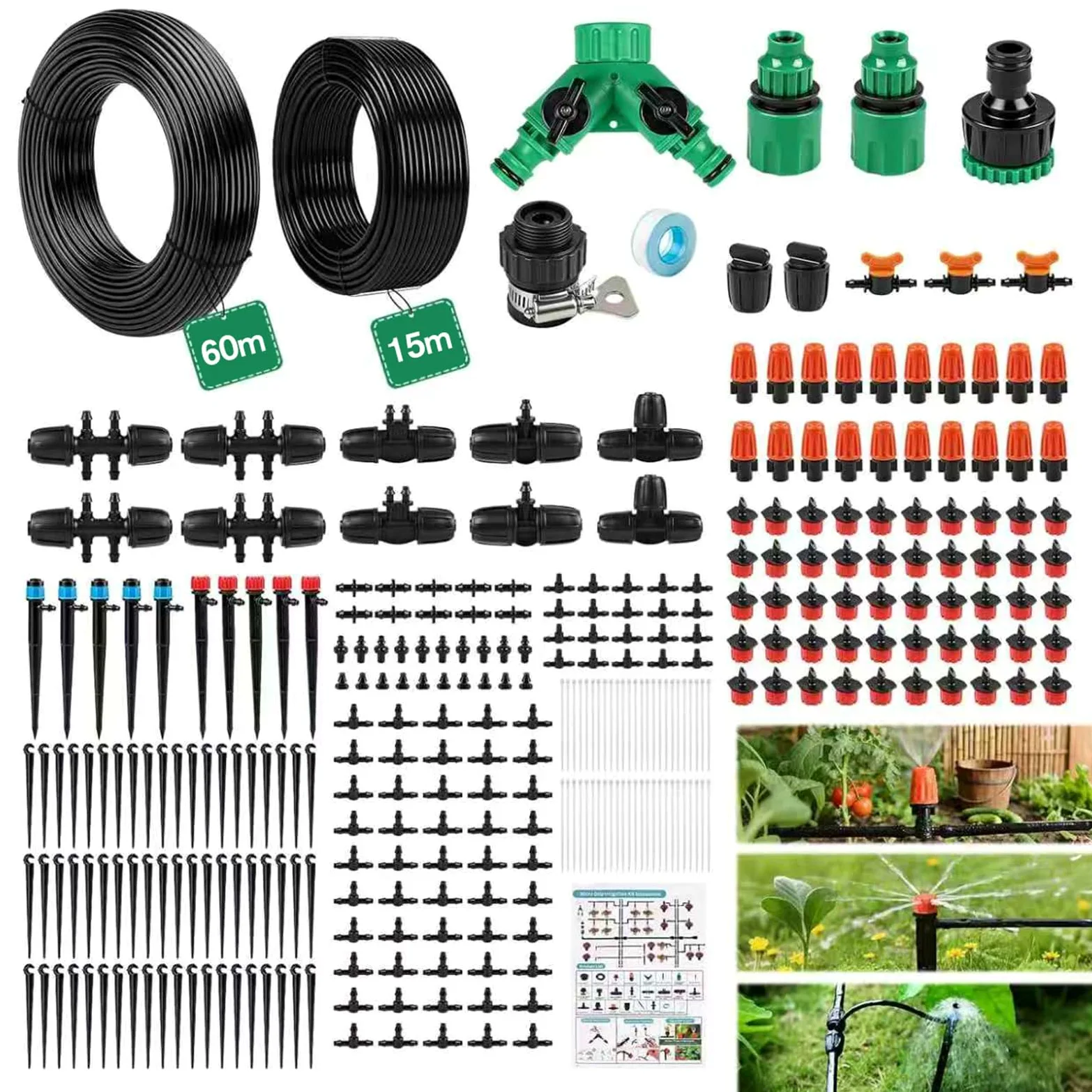 LINGKY Système d'irrigation Jardin, 315Pcs Kit d'irrigation Goutte, Kit d'irrigation Goutte à Goutte Automatique avec 60m + 15m Tuyau, Kit arrosage Automatique pour Jardin pelouse Serre Plantes