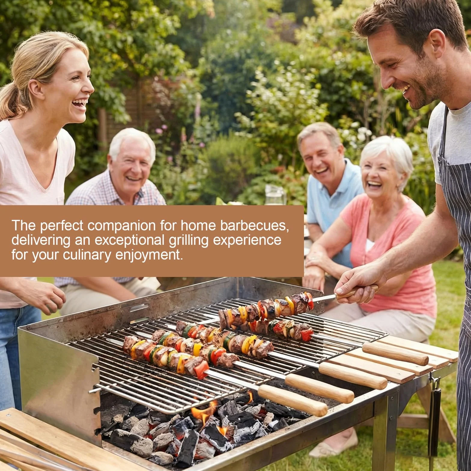 Brochettes barbecue acier inoxydable 410 44cm réutilisables manche chêne 8 pièces