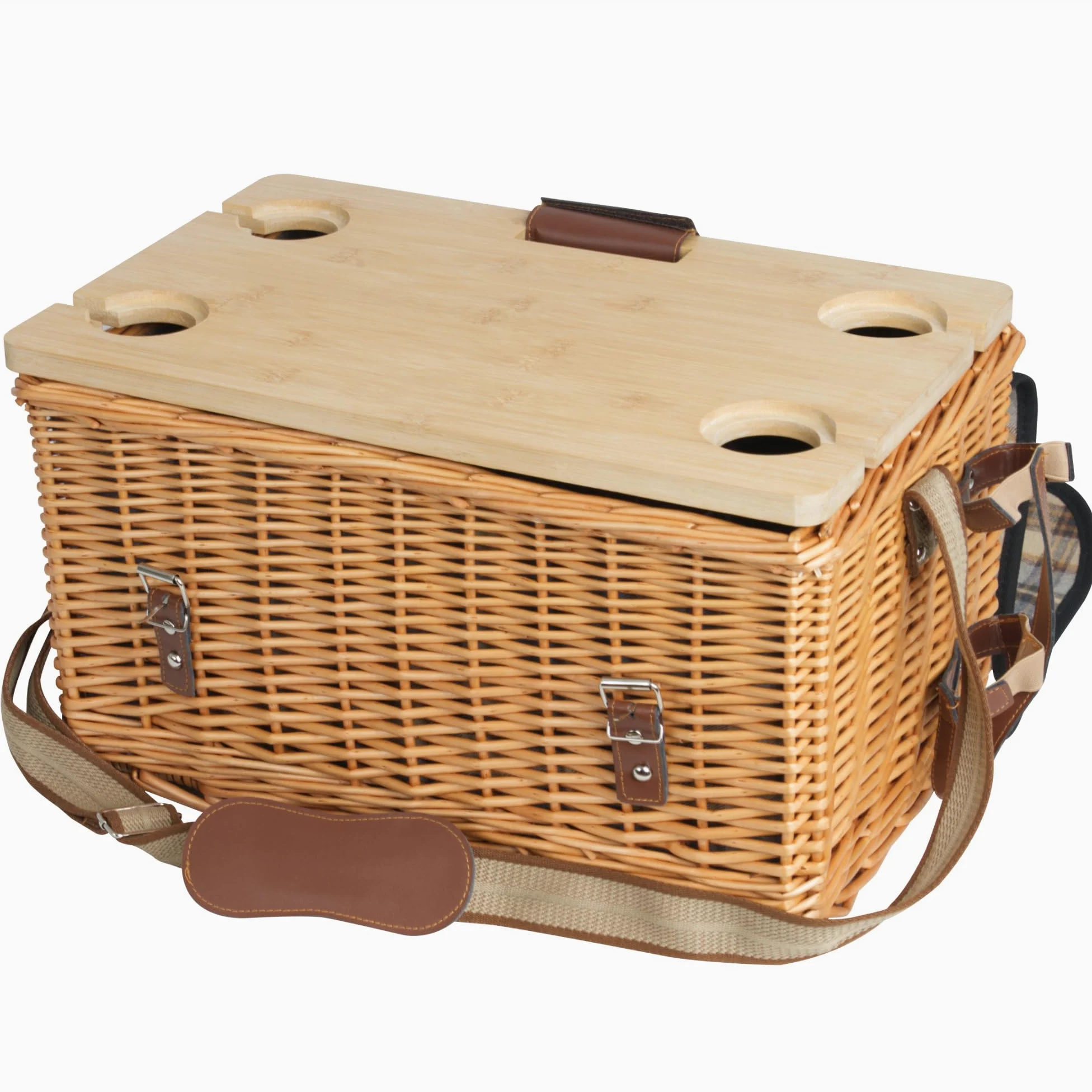 CampFeuer Panier de pique-nique pour 4 personnes, avec set de vaisselle et table de service, 25 pièces, panier en osier avec sangle en cuir synthétique, sac de pique-nique, set de pique-nique