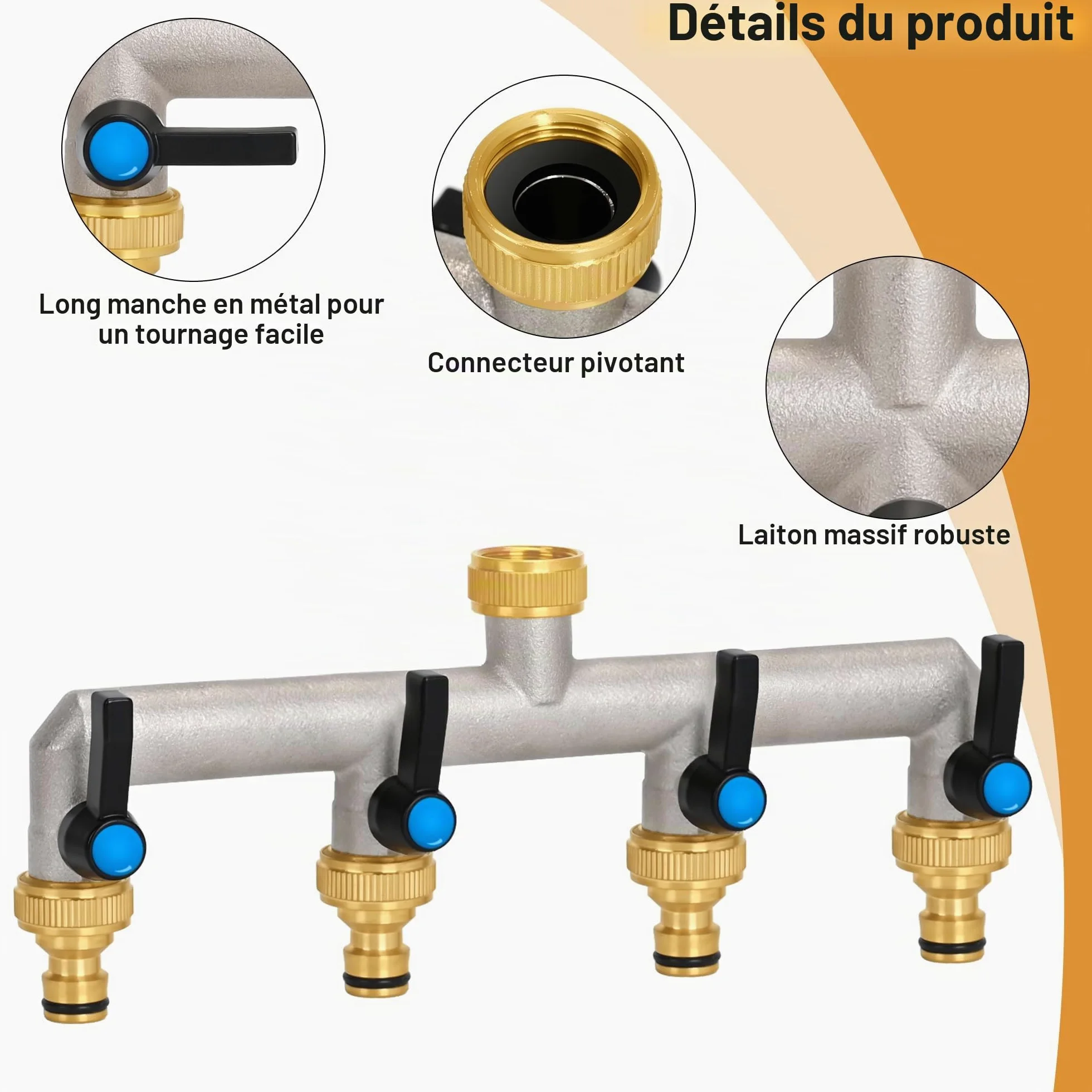 Distributeur d'eau à 4 voies, poignée allongée, distributeur d'eau en laiton de 3/4" avec robinets d'arrêt individuels, 4 distributeurs adaptateur 3/4" 1/2" pour