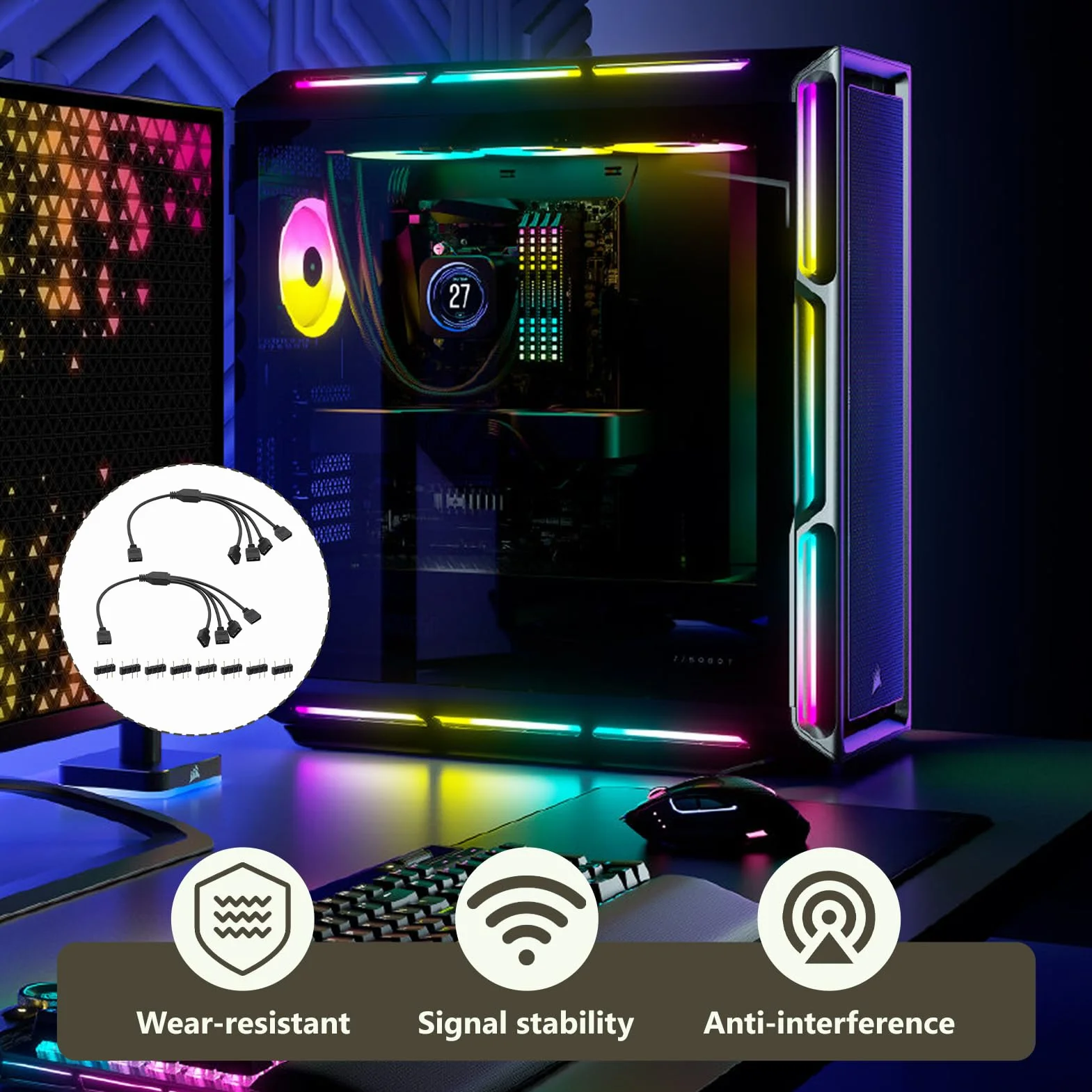 Hub ARGB Splitter 1 à 4 Câble Répartiteur 3Pin 30cm Connecteurs Mâles pour Bande LED Ventilateurs