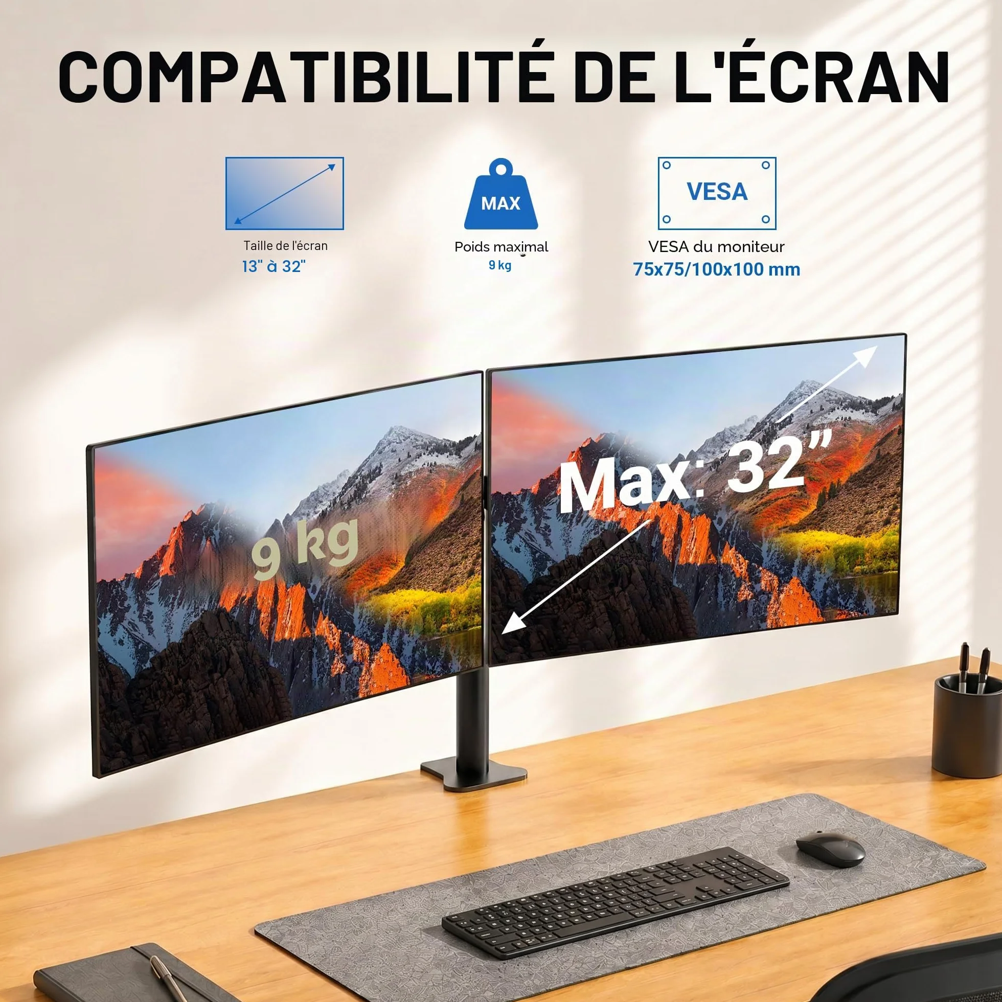 Bras Ecran PC VESA 75x100 360° Rotation ±90° Inclinable Hauteur Réglable 9KG Noir GRIFEMA GB2001-2