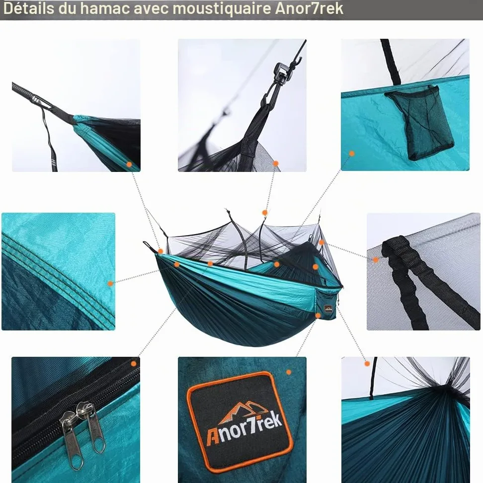 Hamac de Camping AnorTrek avec moustiquaire, hamacs Portables Doubles et Simples avec Sangles d'arbre, hamac Parachute pour Le Camping, la randonnée, Les Voyages et la randonnée
