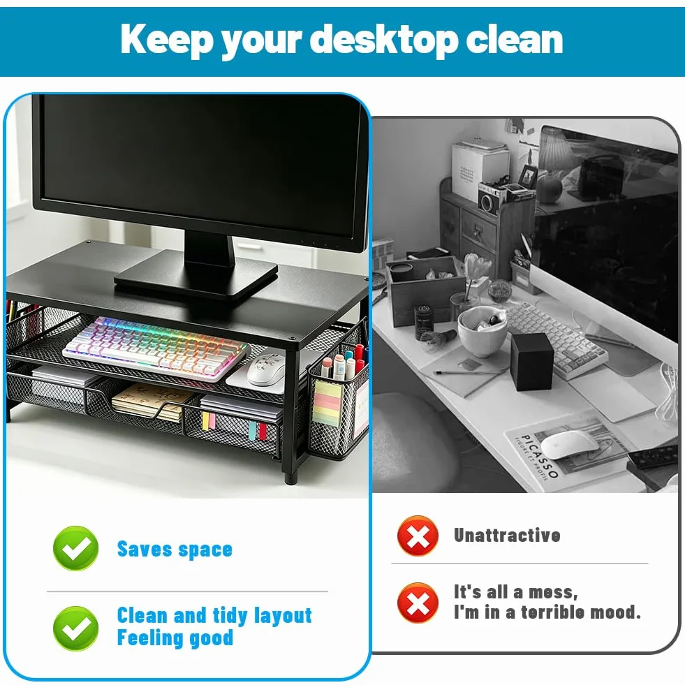Support Écran de Bureau avec Tiroir et Double Porte-Stylos, Rehausseur Ergonomique pour Moniteur et Ordinateur Portable