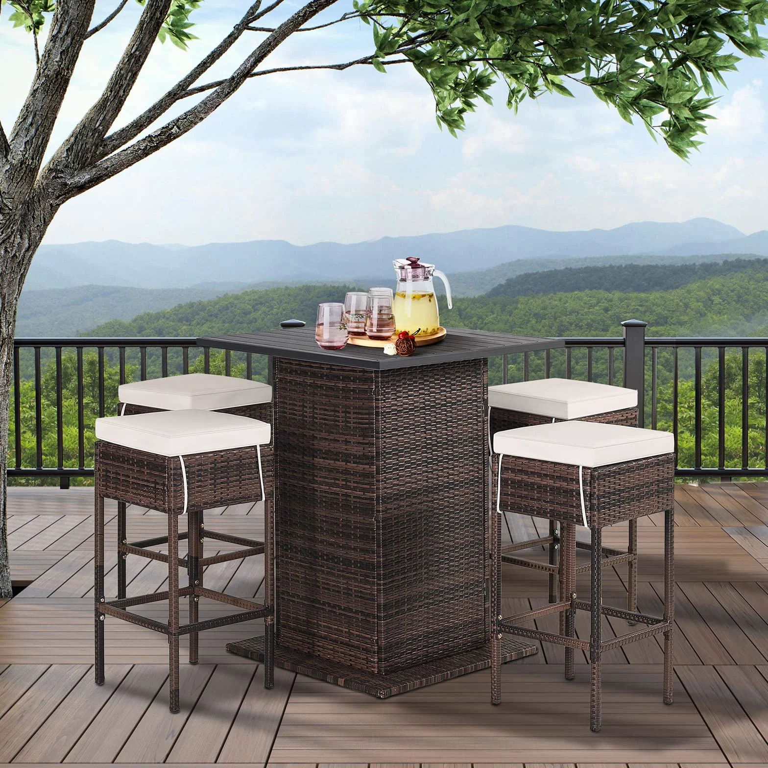 GIANTEX Ensemble de bar extérieur en rotin 5 pièces, table et 4 tabourets hauts avec coussins amovibles