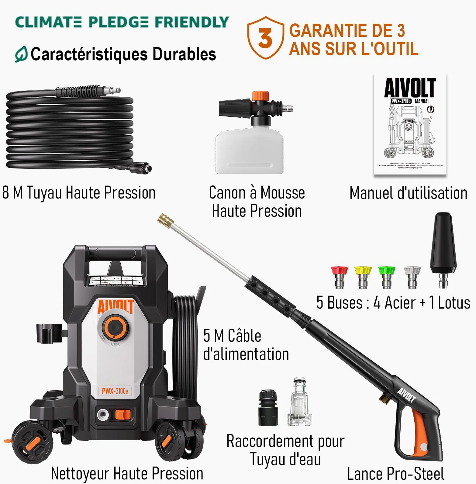 AIVOLT Nettoyeur Haute Pression 1800W, 170 Bars | avec 5 Buses à Modes Différents et Tuyau de 7,6 Mètres, Débit Maximal 360 L/H, pour Maison, Sols, Fenêtres, Voiture, etc.