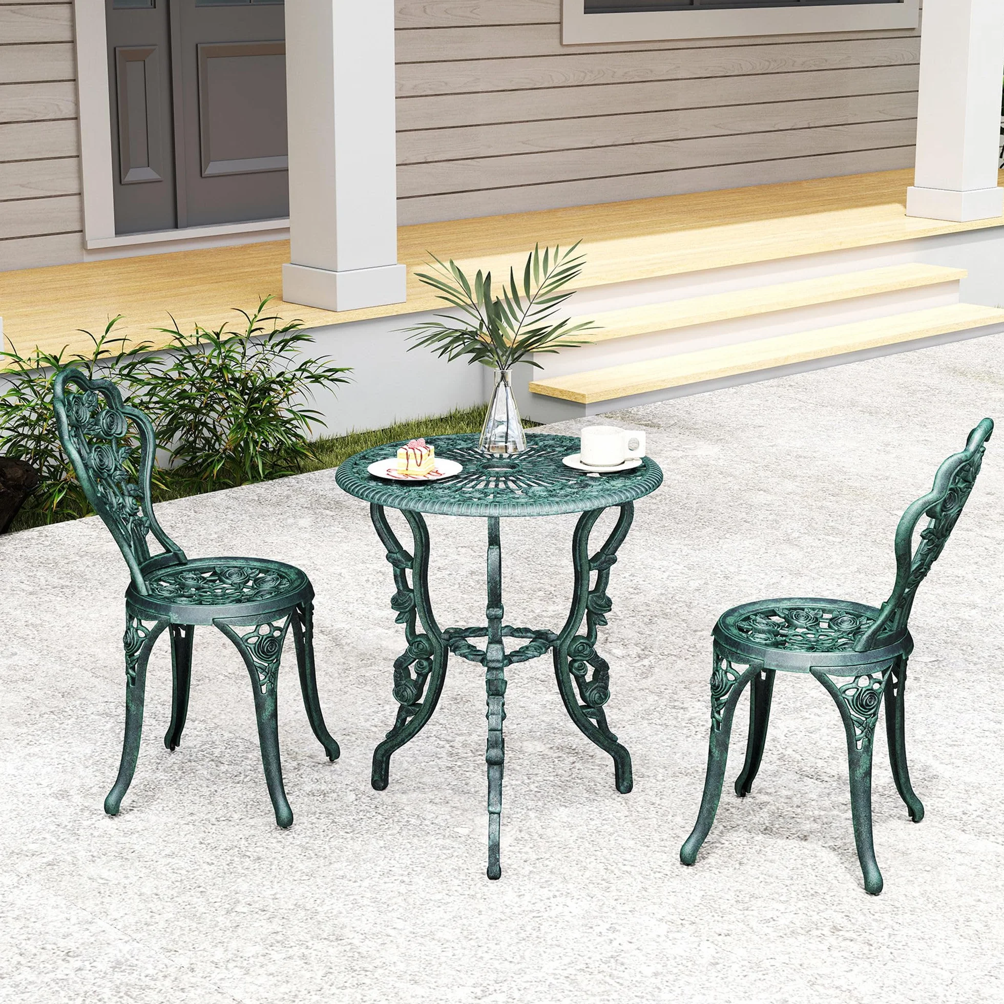 Outsunny Ensemble Salon de Jardin 2 Places Table Ronde Fonte d'Aluminium Vert Vieilli