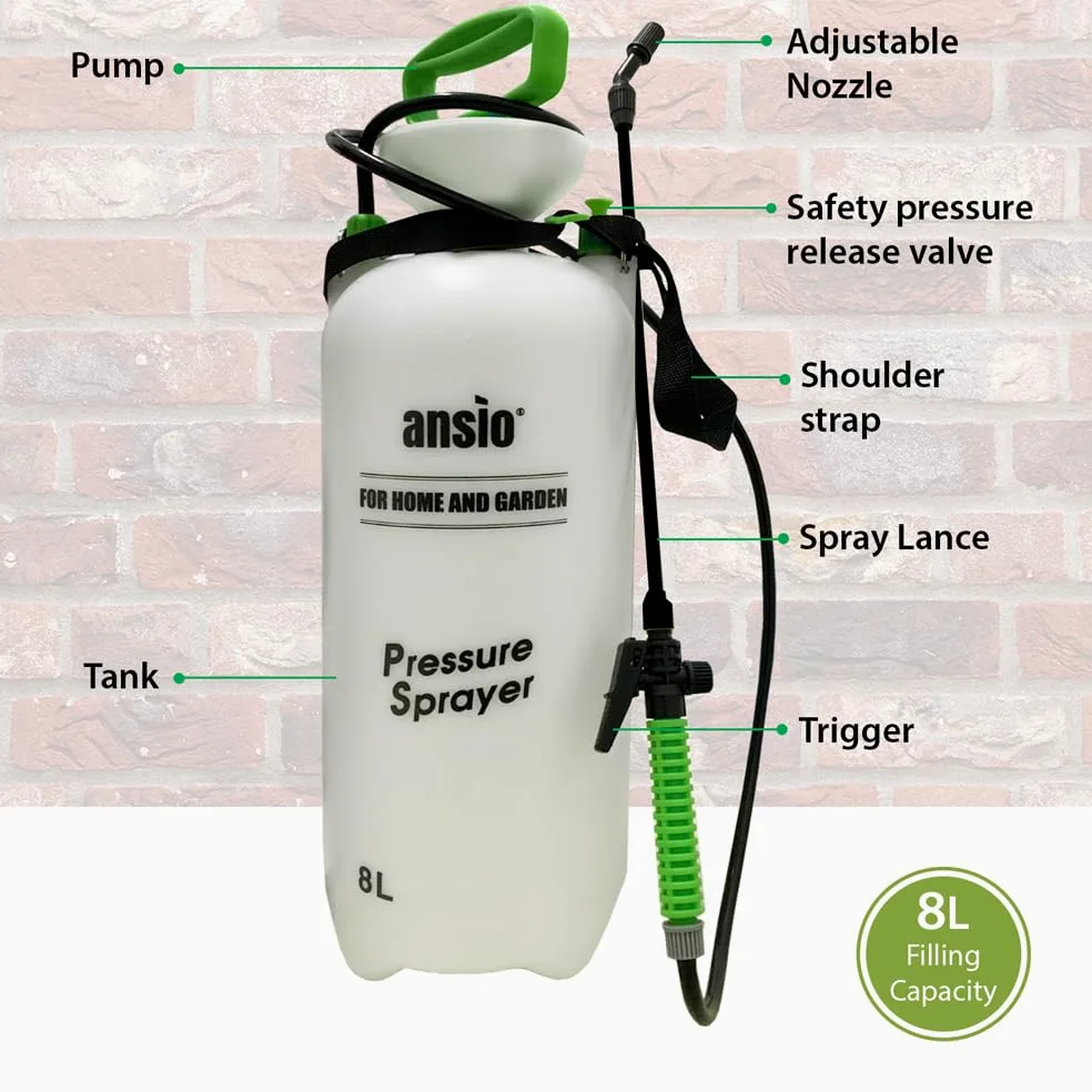 ANSIO® Pulvérisateur de jardin à pression 8 litres - Idéal pour pesticides, insecticides, fongicides
