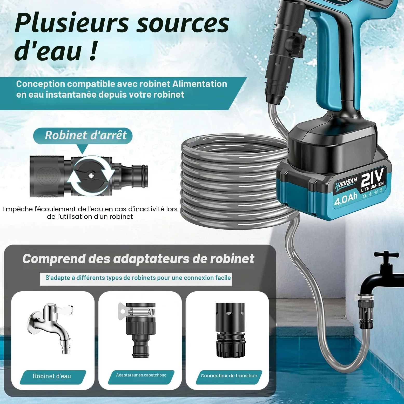 Nettoyeur Haute Pression sans Fil, Moteur sans Balais 3000 W, Mode 3 Vitesses, Maximum 100 Bar, Batterie De avec 2 Batteries 4,0 Ah, Buse Rotative 5 en 1, pour La Voiture Et La Maison