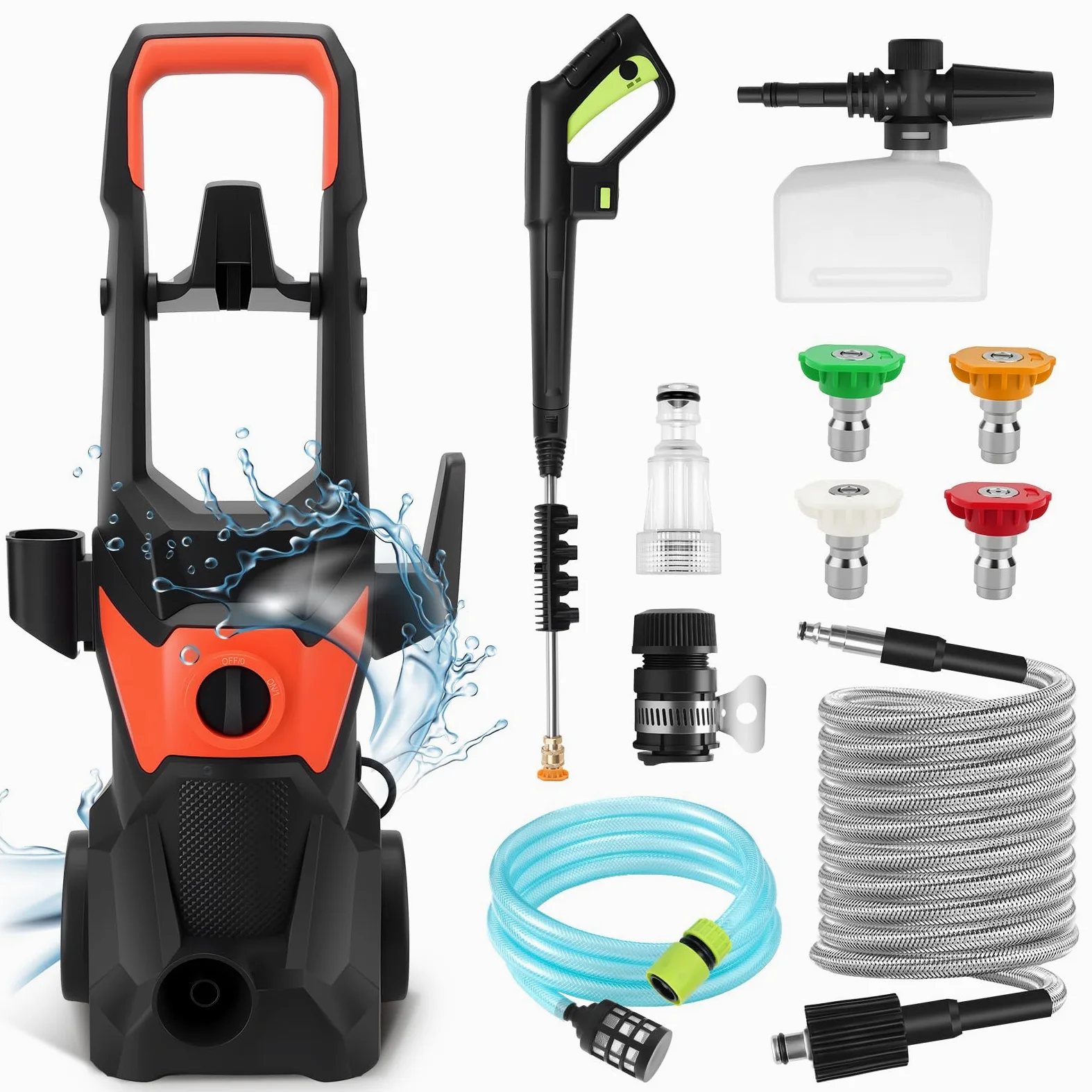 KAOLALI Nettoyeur Haute Pression électrique, 3000 W, Débit 336 L/h | Tuyau Haute Pression de 10m, avec 4 Buses, Lance à Mousse, pour Surfaces Extérieures et Autos