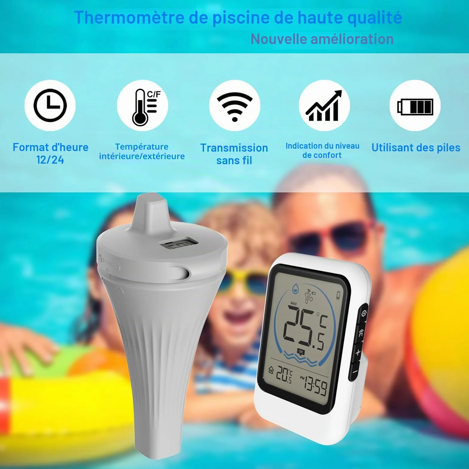 Thermomètre de piscine avec grand écran LCD, étanche IP67, flottant pour piscine, jacuzzi, spa