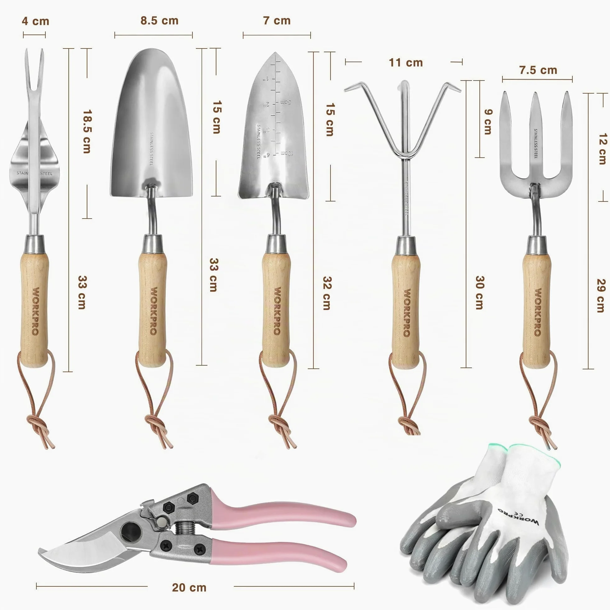 WORKPRO Ensemble d'Outils de Jardinage Rose 8 Pièces en Acier Inoxydable | Poignées en Bois, avec Sécateur, Gants, Sarcloir, Griffe, Fourche, Pelle à Terreau et Transplantoir