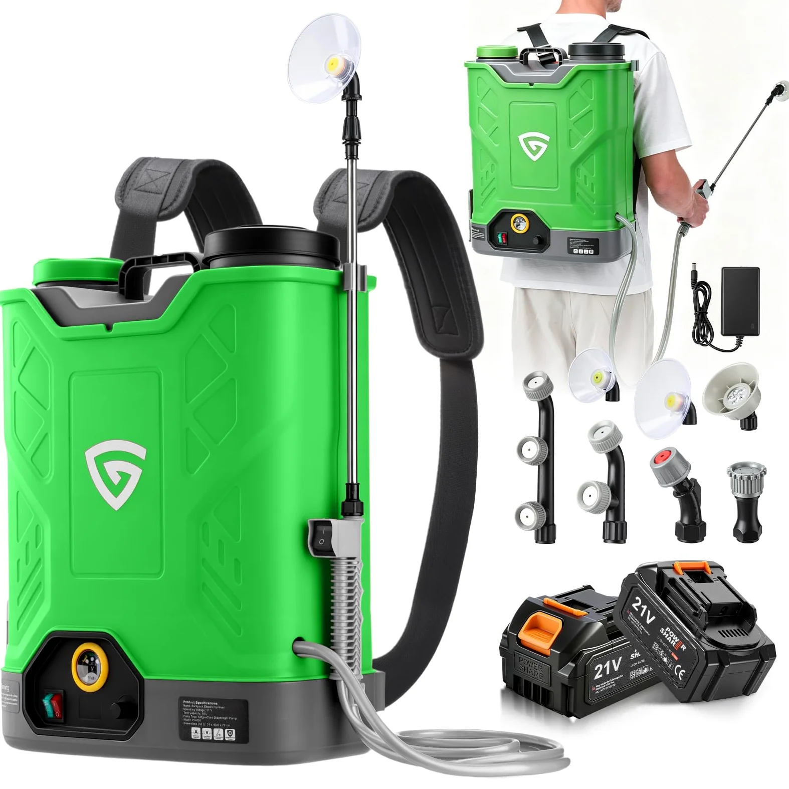 Pulvérisateur à pression sans fil 18 l avec 2 batteries 21 V 4,0 Ah, pulvérisateur arrière avec pression de 0 à 100 psi, système de mélange, 7 buses et lance télescopique, pour jardin