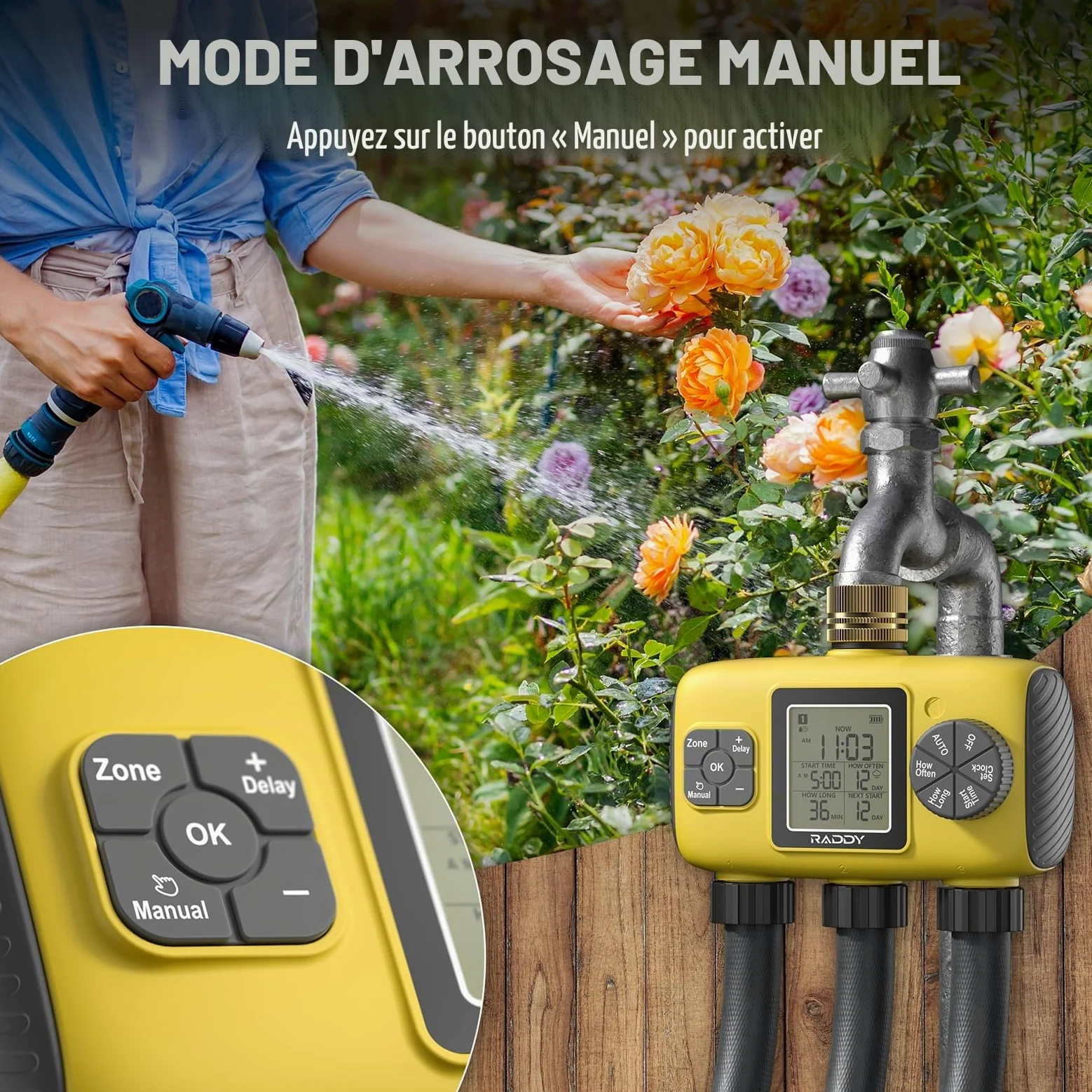 Raddy WS-8 Minuterie d'arrosage 3 Zones, Programmateur d'irrigation Automatique Intelligente, Arrosage Manuel, retardateur de Pluie, Grand écran LCD, IPX5 pour Jardins Cours