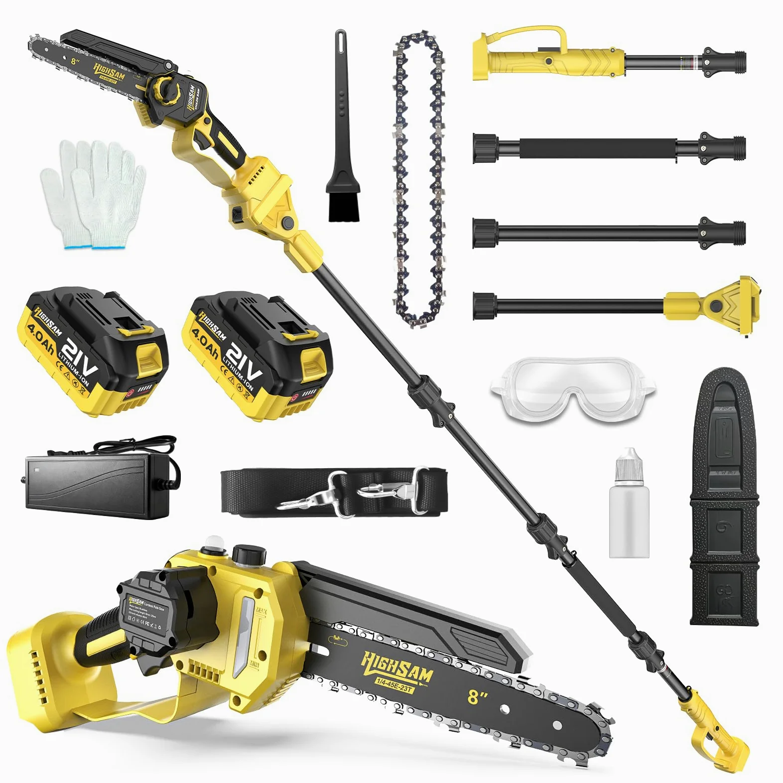 2-en-1 Tronçonneuse à Batterie & Scie à Élaguer, Moteur Sans Balais Compatible Makita 18V, 8 Pouces Mini Tronçonneuse, 2×4.0Ah, Perche 4.2m, Tête 180°, Élagage Branches & Coupe Bois