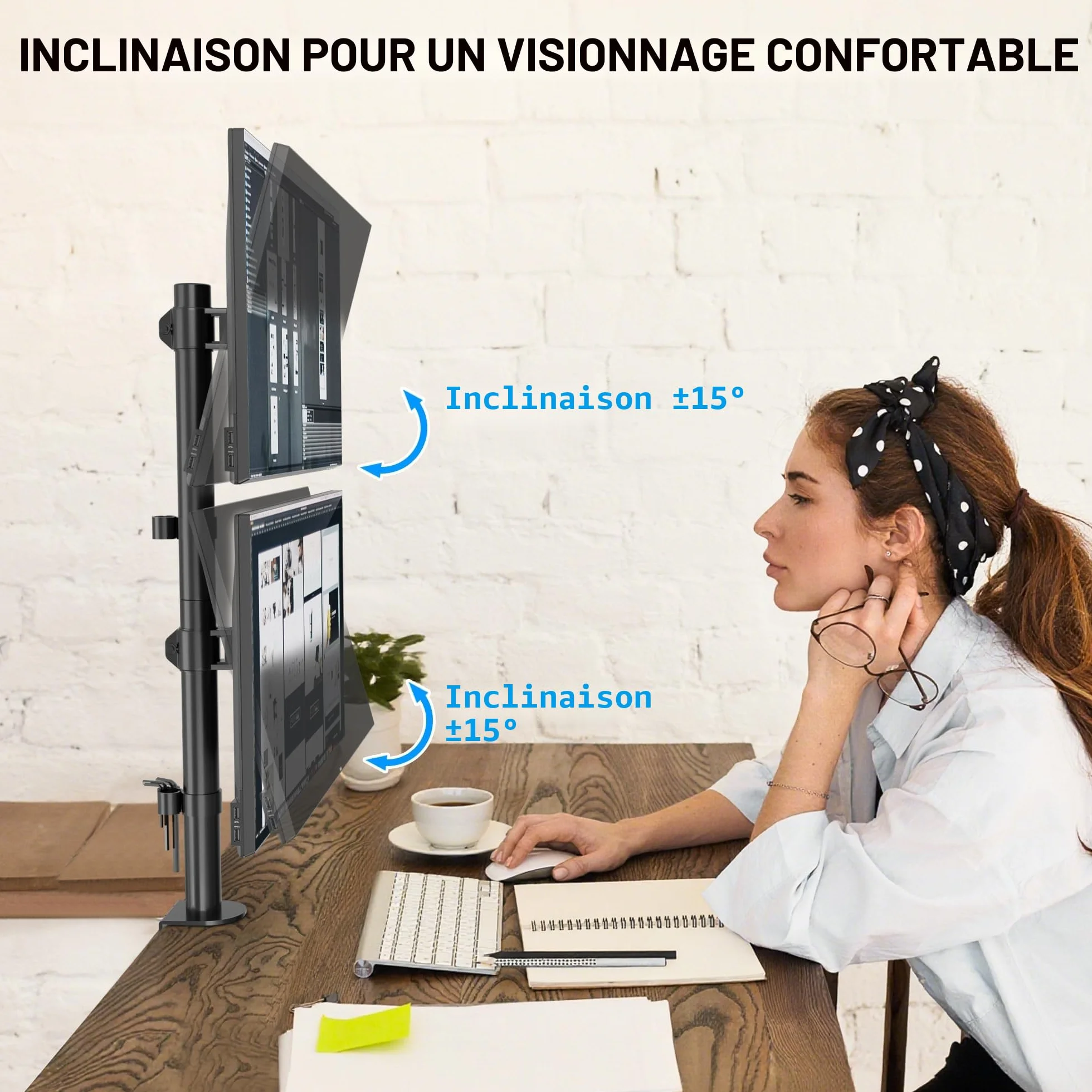 BONTEC Support Ecran PC Double Vertical pour 2 Moniteurs 13-34 Pouces, Bras Articule VESA 75x75/100x100mm, 10kg, Rotation 360, Inclinaison ±15°, Pince en C