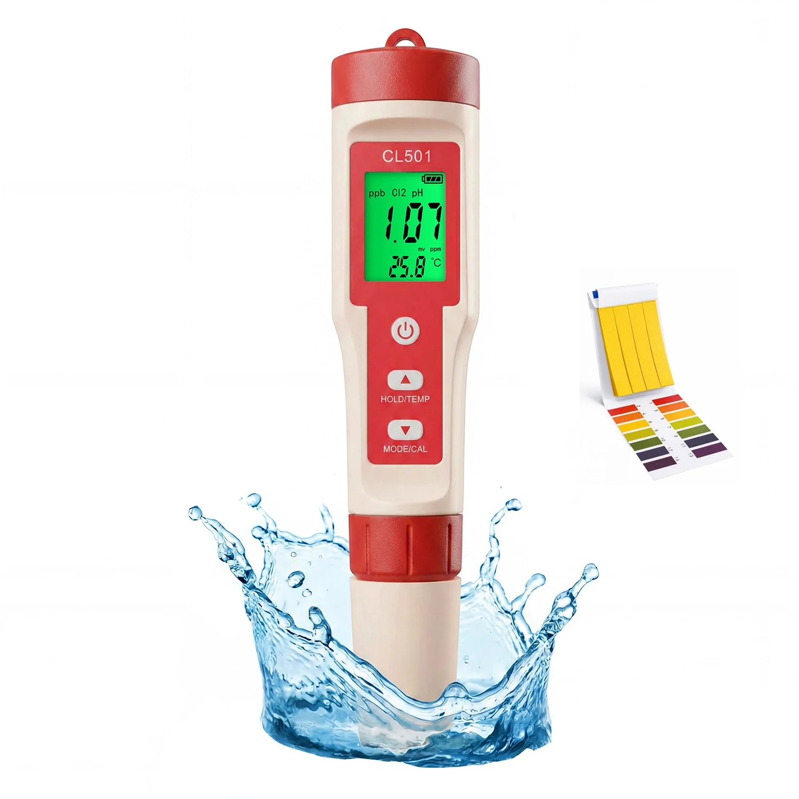 Testeur de Chlore Piscine Portatif Testeur de Qualité d'eau 5 en 1 Numérique Testeur de pH/Cl₂/ORP/H₂/Thermomètre Meter avec Bandelettes de Test pH et Display Backlit pour Spas Aquariums Hydroponique