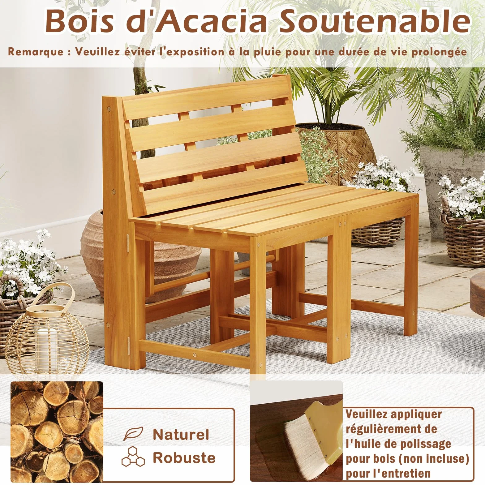 GOPLUS Salon de Jardin Extérieur 3 en 1 Banc Convertible Acacia Pliant 2 Personnes FSC Naturel