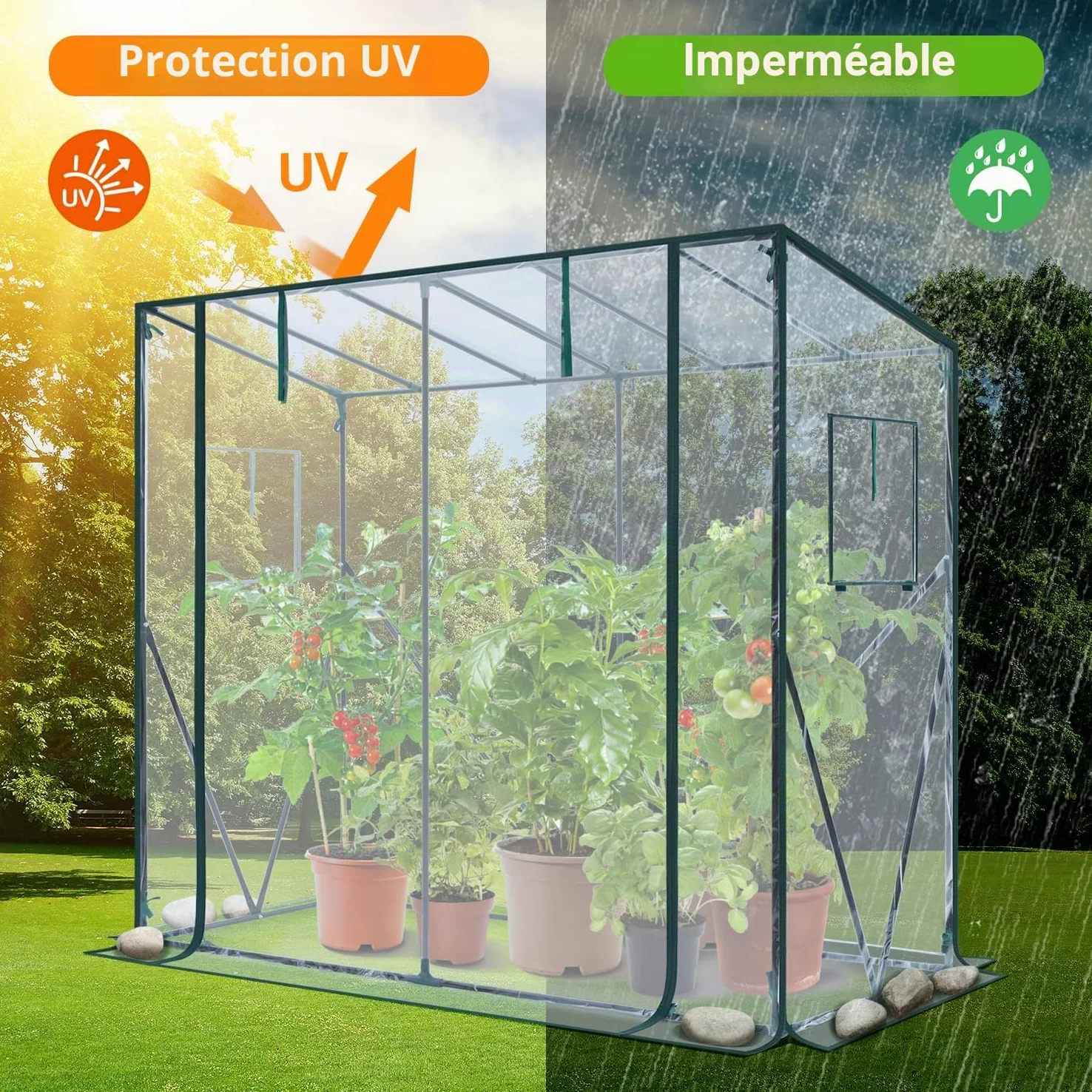 Ohuhu Serre d'entrée pour l'extérieur : serre portative en plastique robuste avec porte enroulable à fermeture éclair et housse en PVC pour l'extérieur pour plantes d'hiver, abri de jardin 200 x 77 x