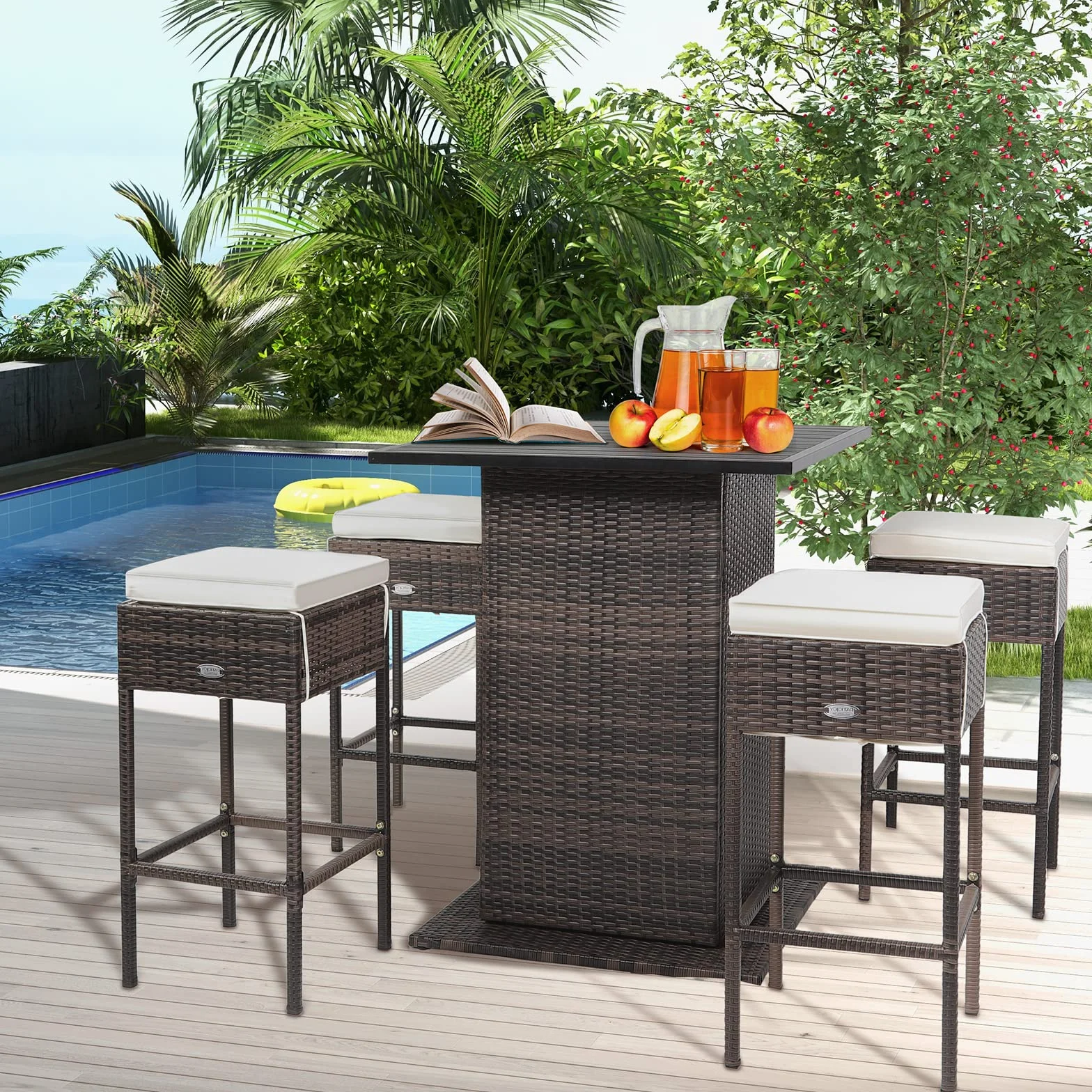 GIANTEX Ensemble de bar extérieur en rotin 5 pièces, table et 4 tabourets hauts avec coussins amovibles