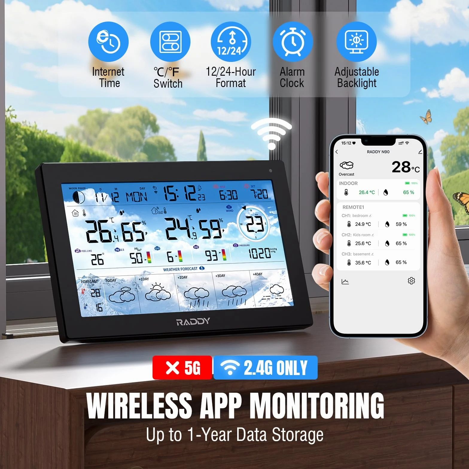 Raddy N90 Wi-Fi Station météo avec capteur sans fil, 8,8" HTN écran, Connectivité via App intelligente, Thermomètre intérieur/extérieur, Moniteur de température et d'humidité, PM2,5/AQI/UVI