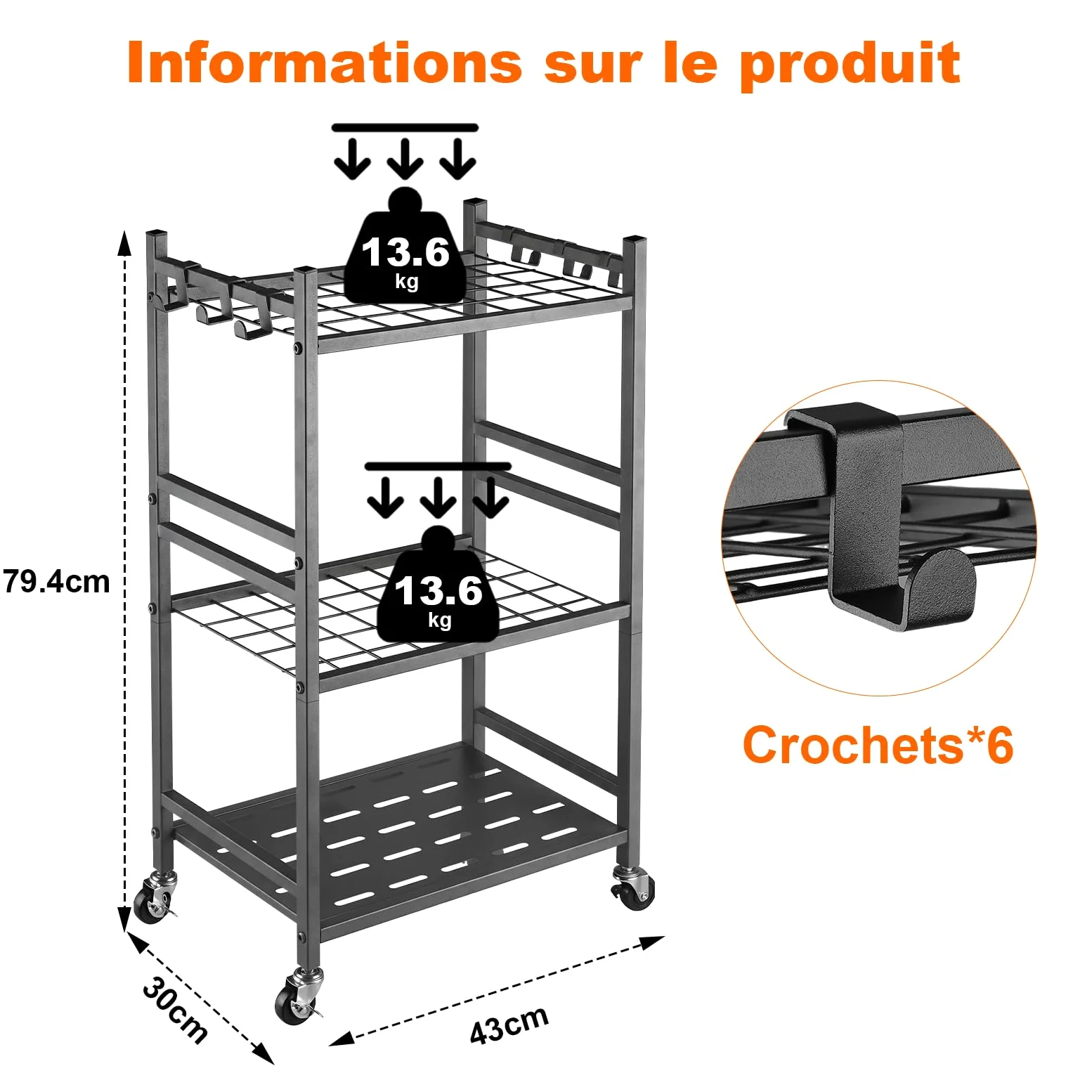 Organisateur d'outils de Jardin 40 Emplacements et 6 Crochets, Support Rangement Outils pour Jardin en Carbone, 42*30*80cm, Étagère de Rangement pour Garage Pelouse Abri Balai Pelle Râteau