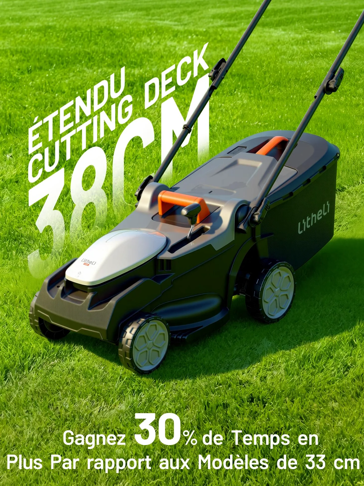 Litheli Tondeuse à Gazon sans Fil 38cm, 2X 20V Batteries 4.0Ah, Hauteur Réglable 25-75mm, Bac 40L, pour Pelouses jusqu'à 300m² (Jardin & Petits Espaces)