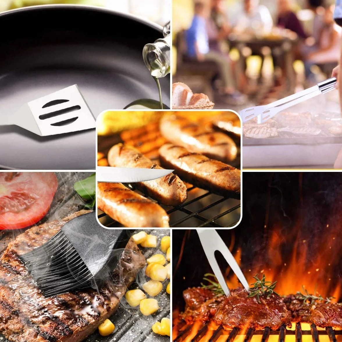Kit Barbecue 9 Pièces en Acier Inoxydable avec Gants 800°C - Ustensiles de Cuisine pour Grillade