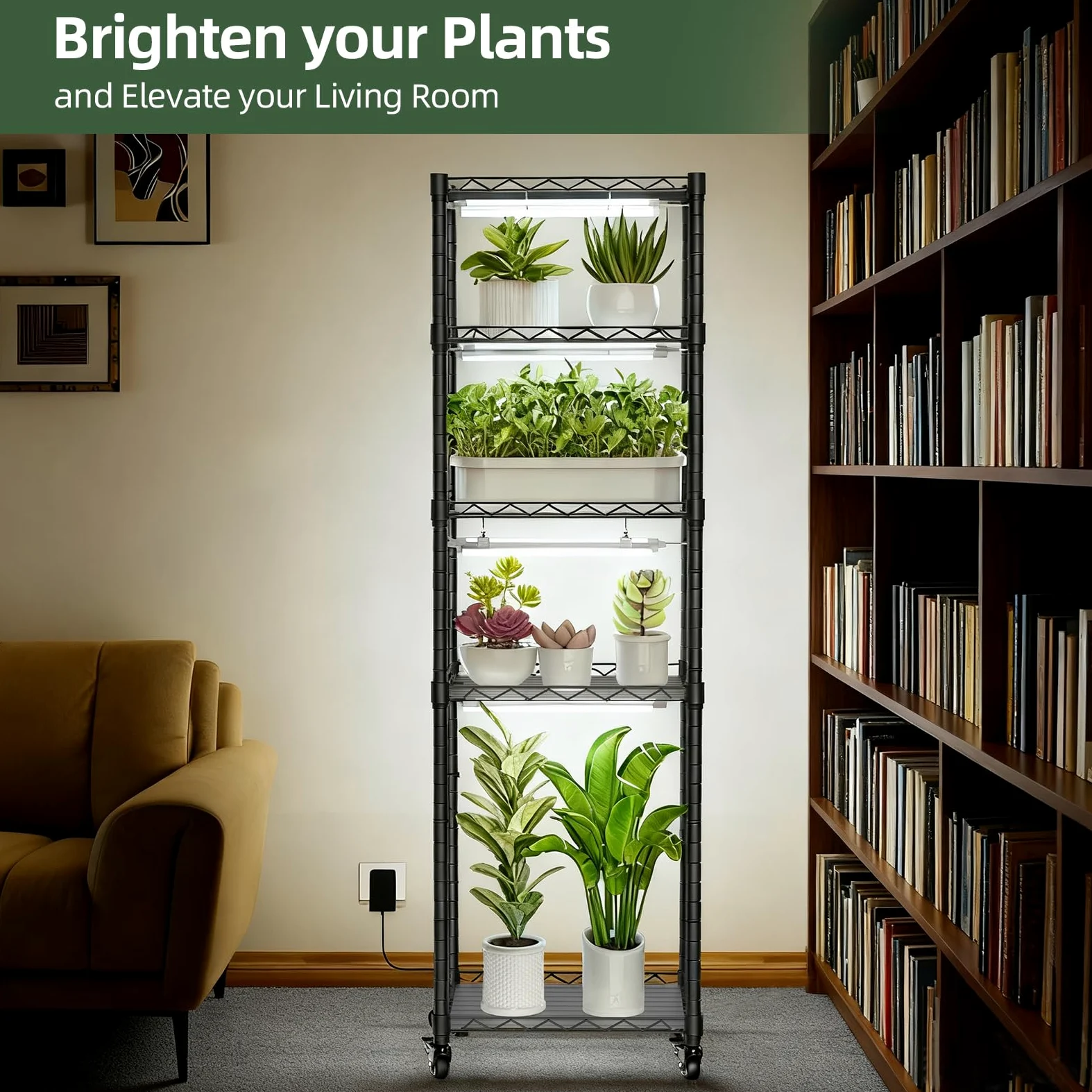Support pour plantes avec lampes de croissance, étagère en métal à 5 niveaux avec 4 lampes de croissance à spectre complet de 48 W, minuterie automatique, support de pot de fleurs échelle