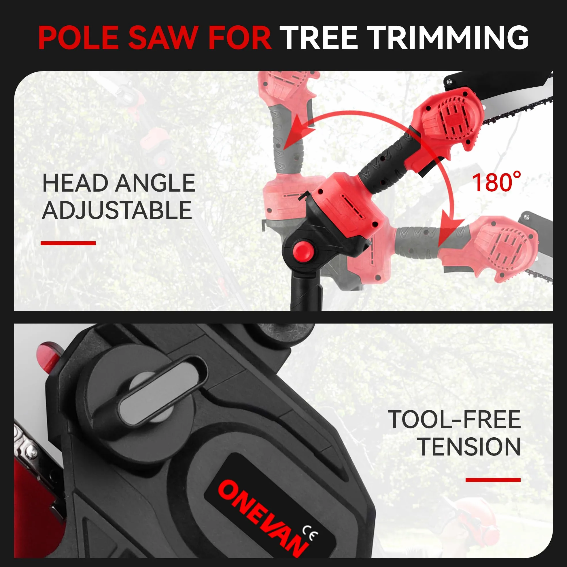 ONEVAN Elagueuse sur perche, 4 en 1 coupe branche 2 batteries 4Ah | Autonomie 50min, Ouverture 3cm, 15cm Tronçonneuse, Perche télescopique 2m, Angle réglable 180°, Pour l’élagage des arbres