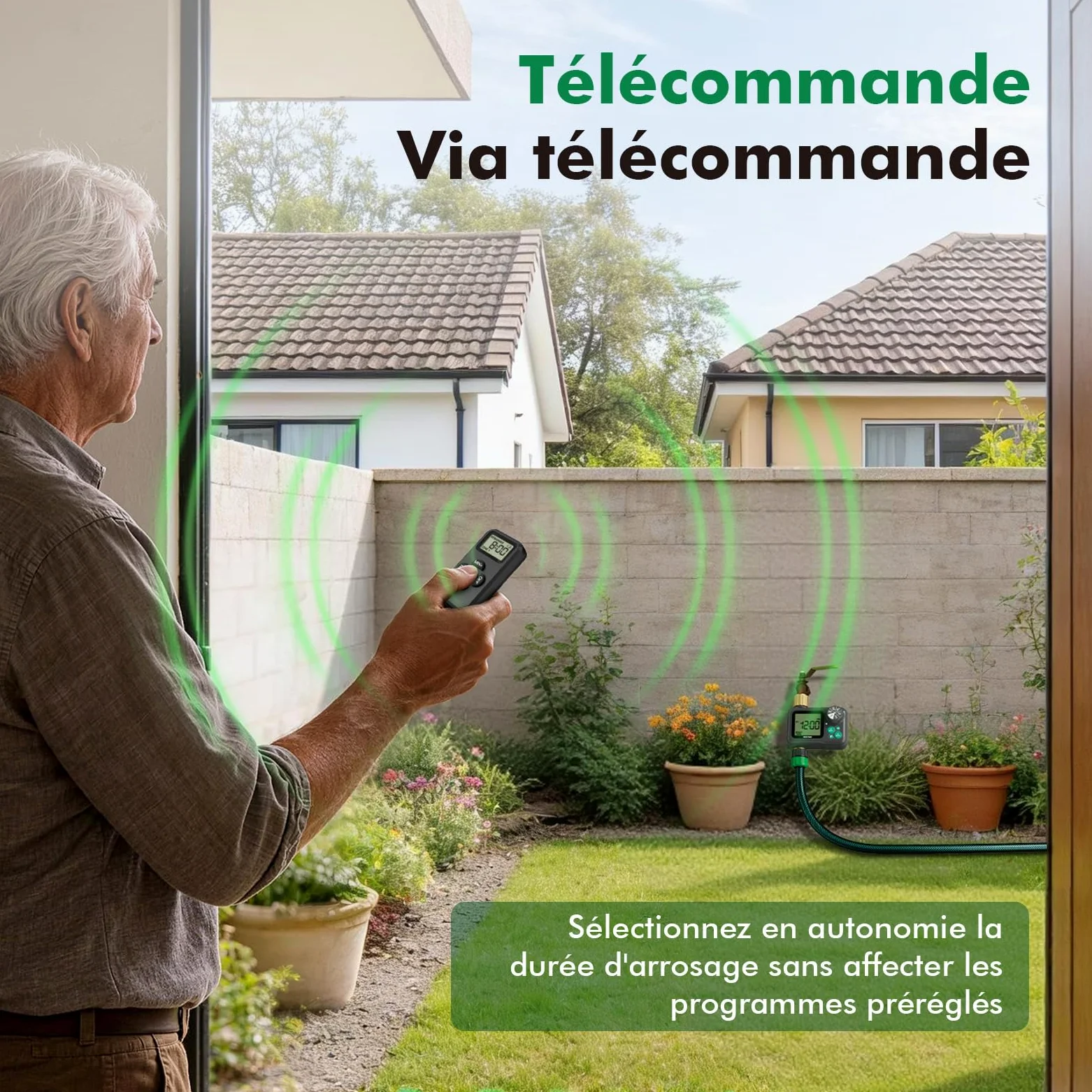 RESTMO Programmateur arrosage 1 Zone avec Puce RF intégrée et télécommande | Entrée et sortie en laiton, mode automatique/manuel/retardateur pluie, convient aux robinets extérieurs