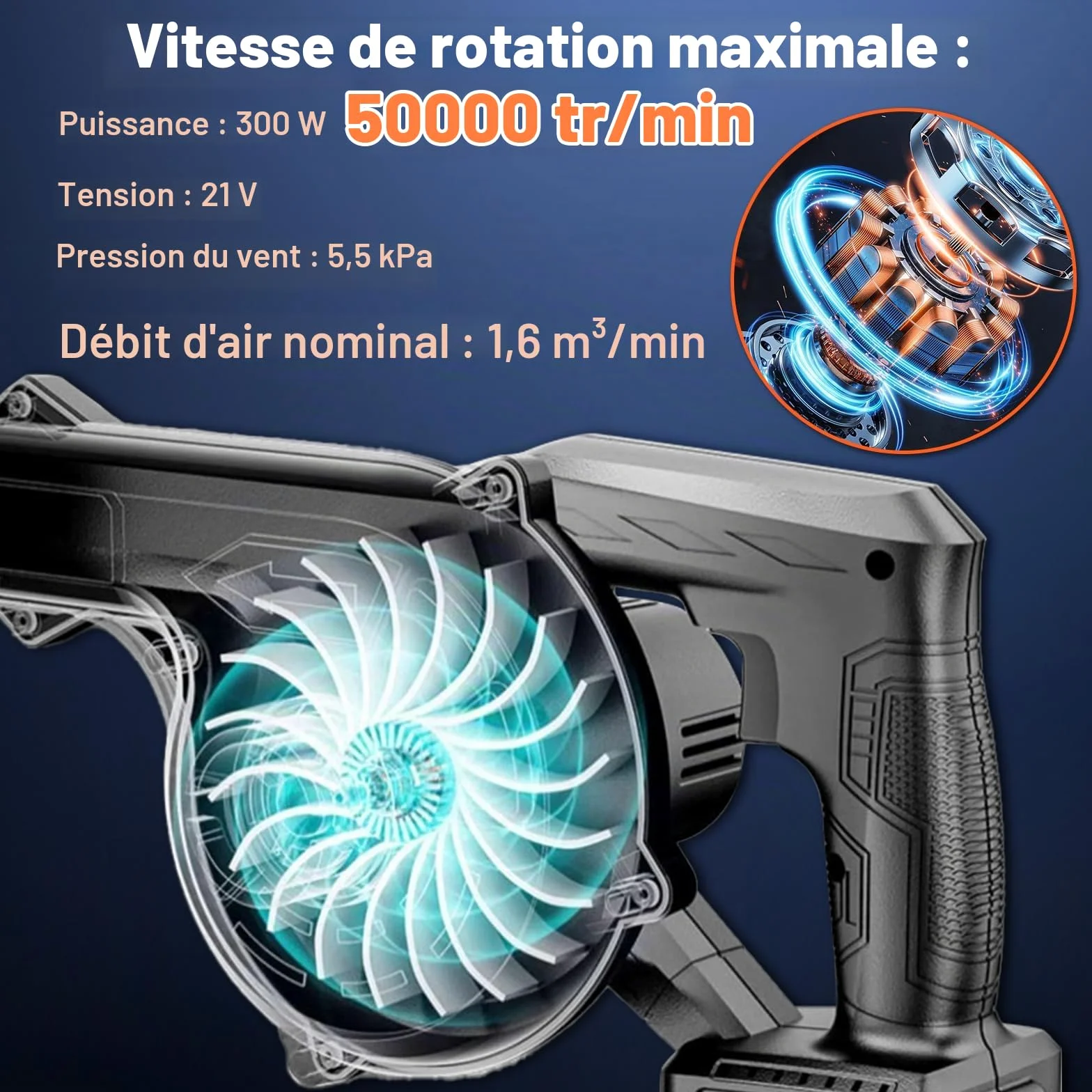 Souffleur à Feuilles Sans Fil 21V Souffleur & Aspirateur 2 en 1 Souffleurs à Feuilles électrique Sans Fil avec Chargeur / 2*3000mAh Batterie, 1.6m³/min 18000 trs/min, pour Jardin Cour Patio