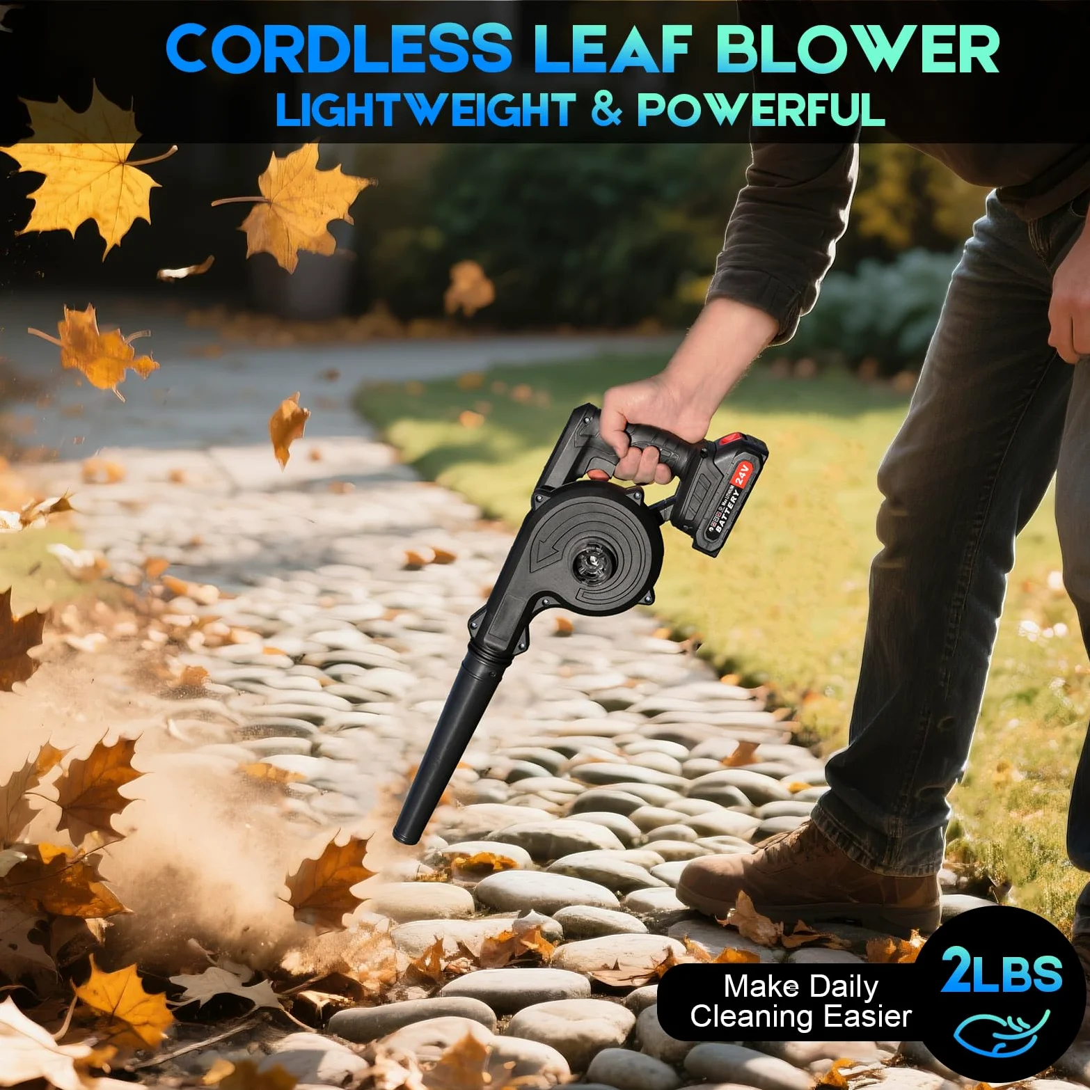 Souffleur de Feuilles sans Fil 24V – Lot 2 Accus 2000mAh & Chargeur | Moteur Brushless 20 000 tr/min et Flux 150 CFM.Il Nettoie Feuilles, Neige Légère, Poils D'animaux et Atelier en un Instant