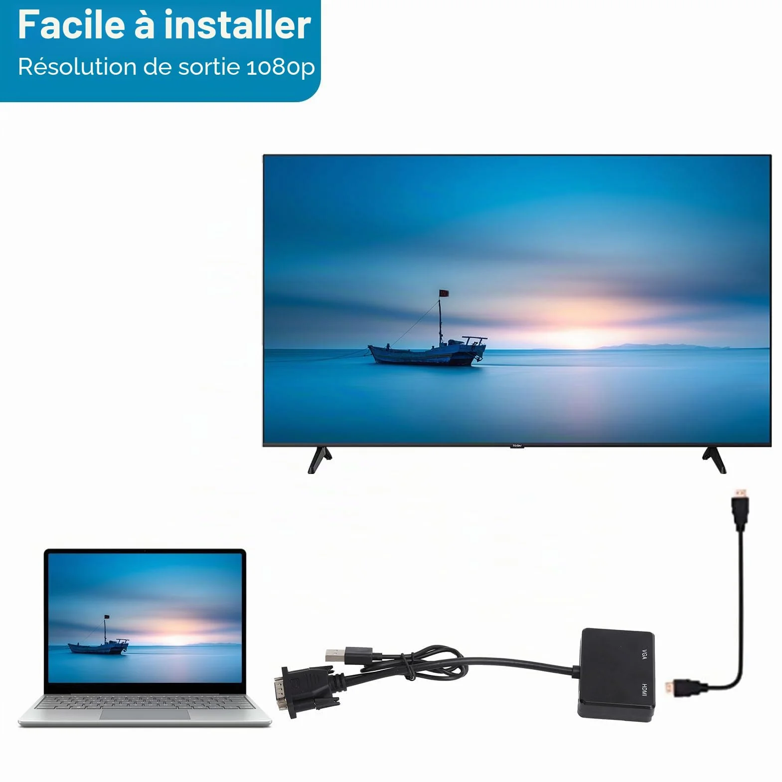 Agatige Adaptateur VGA vers HDMI 1080P Convertisseur Répartiteur 1 en 2 Sorties pour PC Projecteur Noir