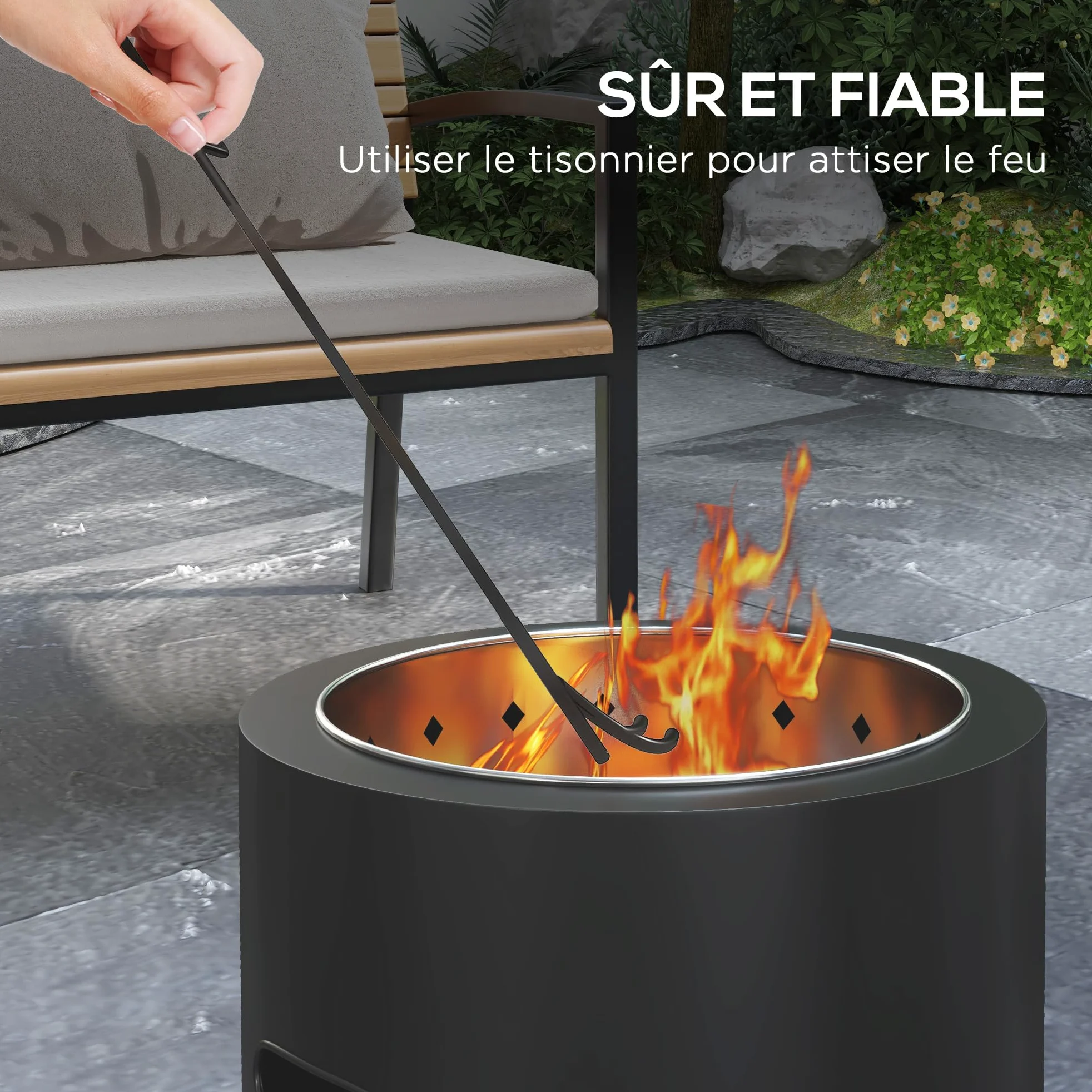 Outsunny Brasero sans fumée Rond Portable diamètre 45 cm Noir | foyer à bois extérieur, pot intérieur en acier inoxydable, tisonnier, poignées rainurées